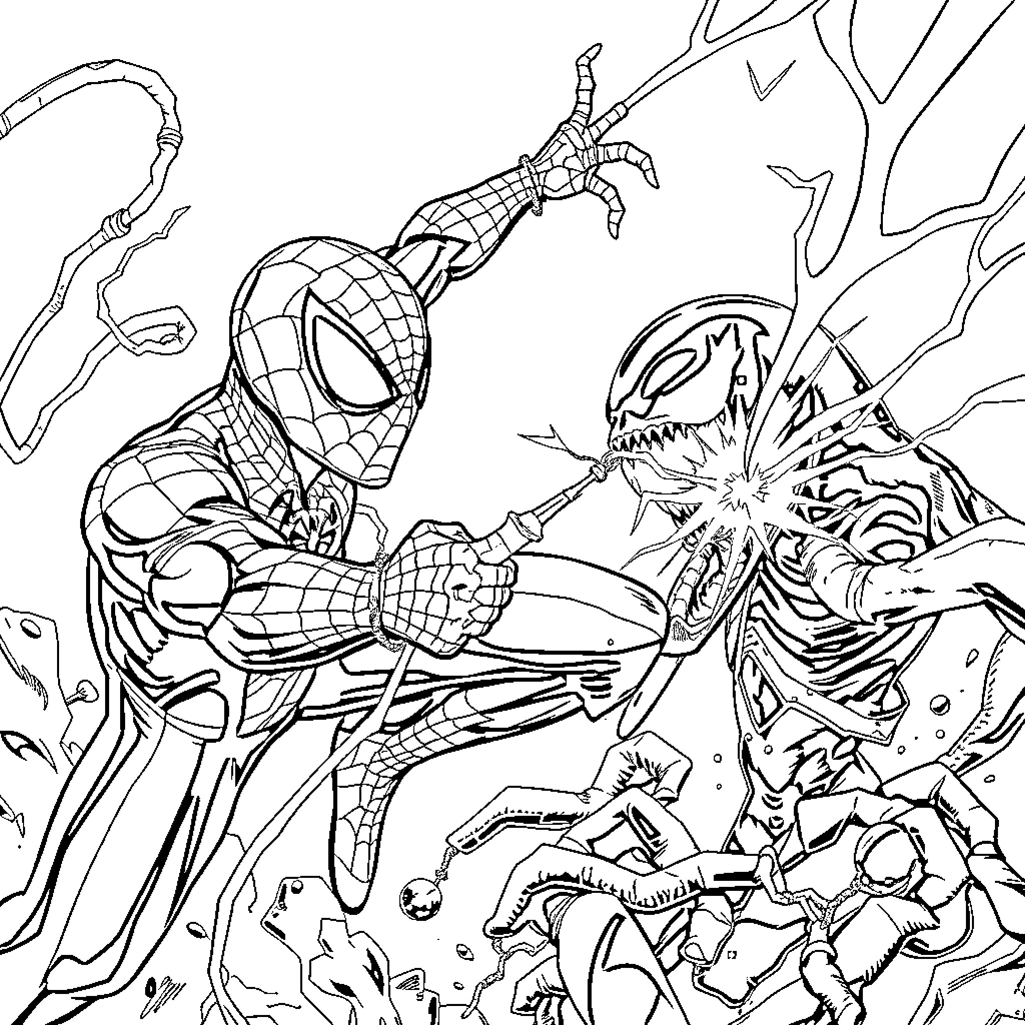 Spiderman battling fierce monsters in an intense scene Coloring Page (free black-and-white line drawing printable PDF for all, from beginners to advanced learners, including children, teens, adults, and seniors)