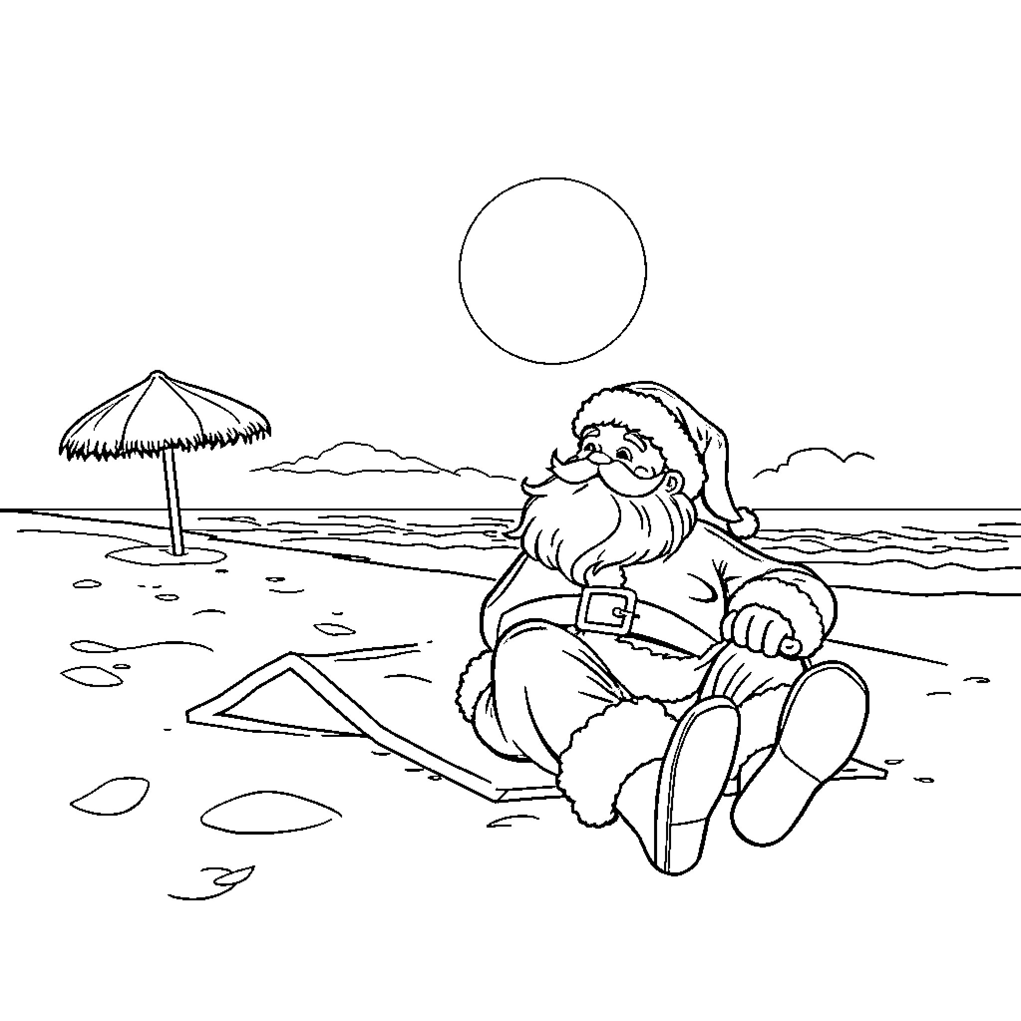 Santa Claus relaxing on the beach Coloring Page (free black-and-white line drawing printable PDF for all, from beginners to advanced learners, including children, teens, adults, and seniors)