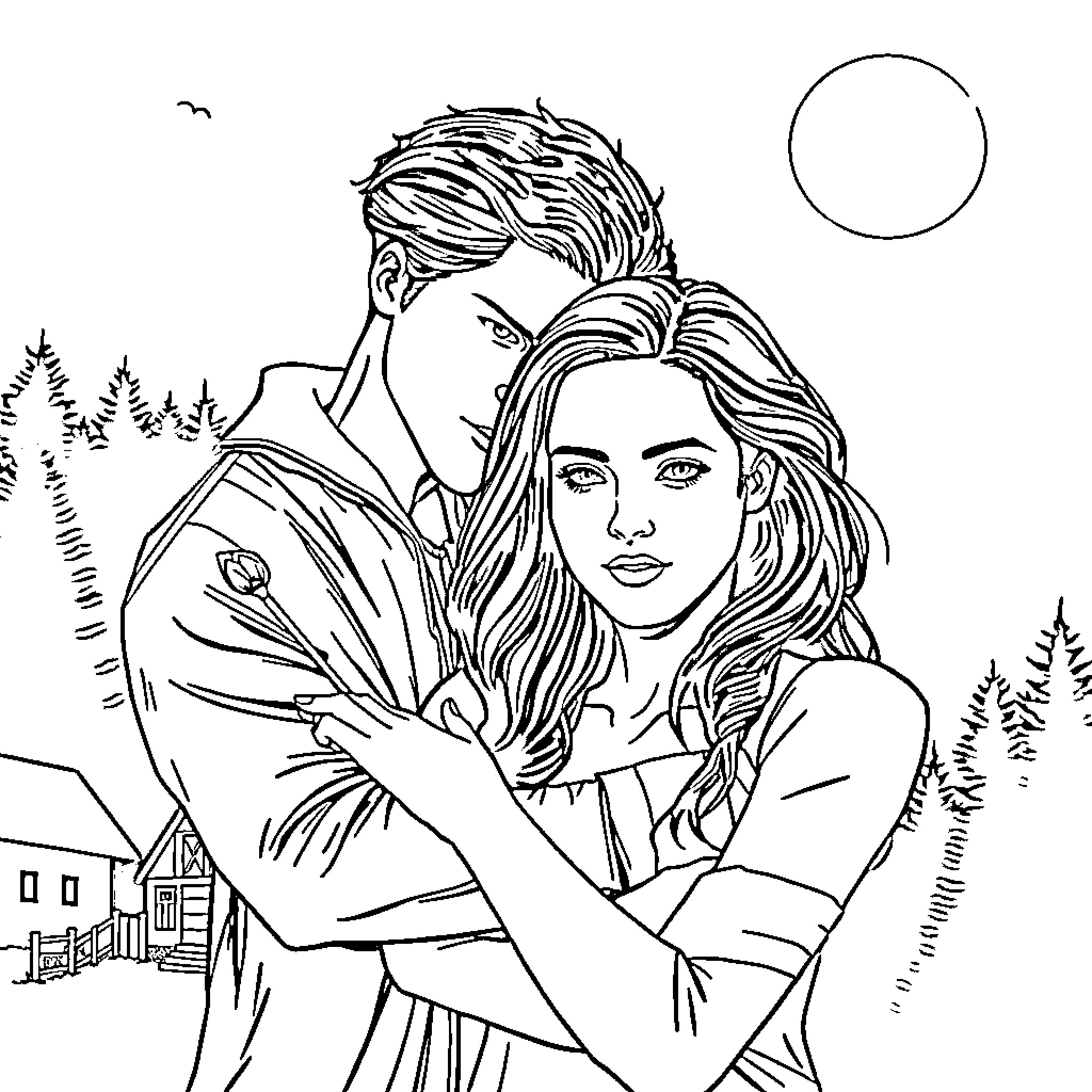 Twilight couple embracing in the moonlit forest Coloring Page (free black-and-white line drawing printable PDF for all, from beginners to advanced learners, including children, teens, adults, and seniors)