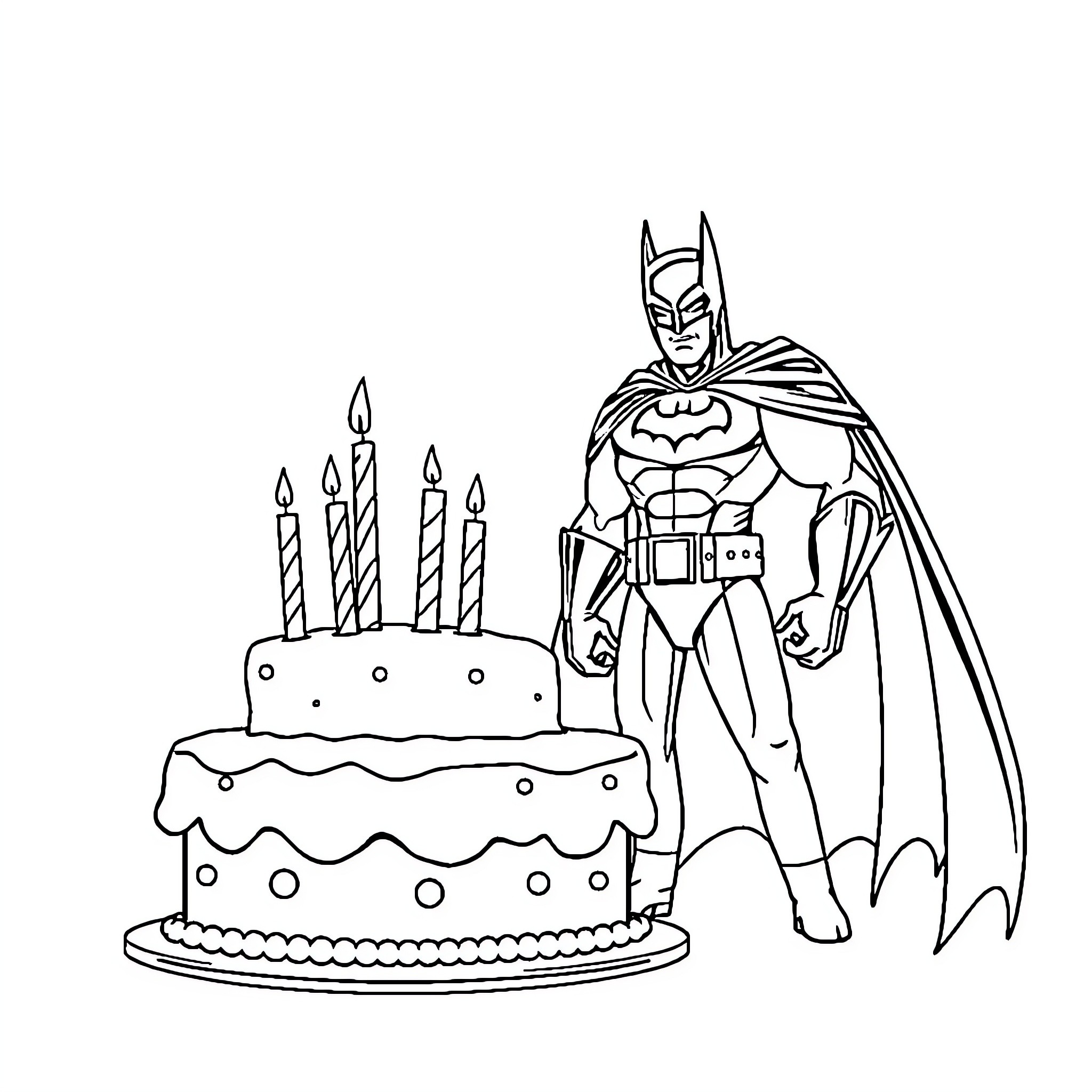 Batman celebrating birthday with cake and candles Coloring Page (free black-and-white line drawing printable PDF for all, from beginners to advanced learners, including children, teens, adults, and seniors)