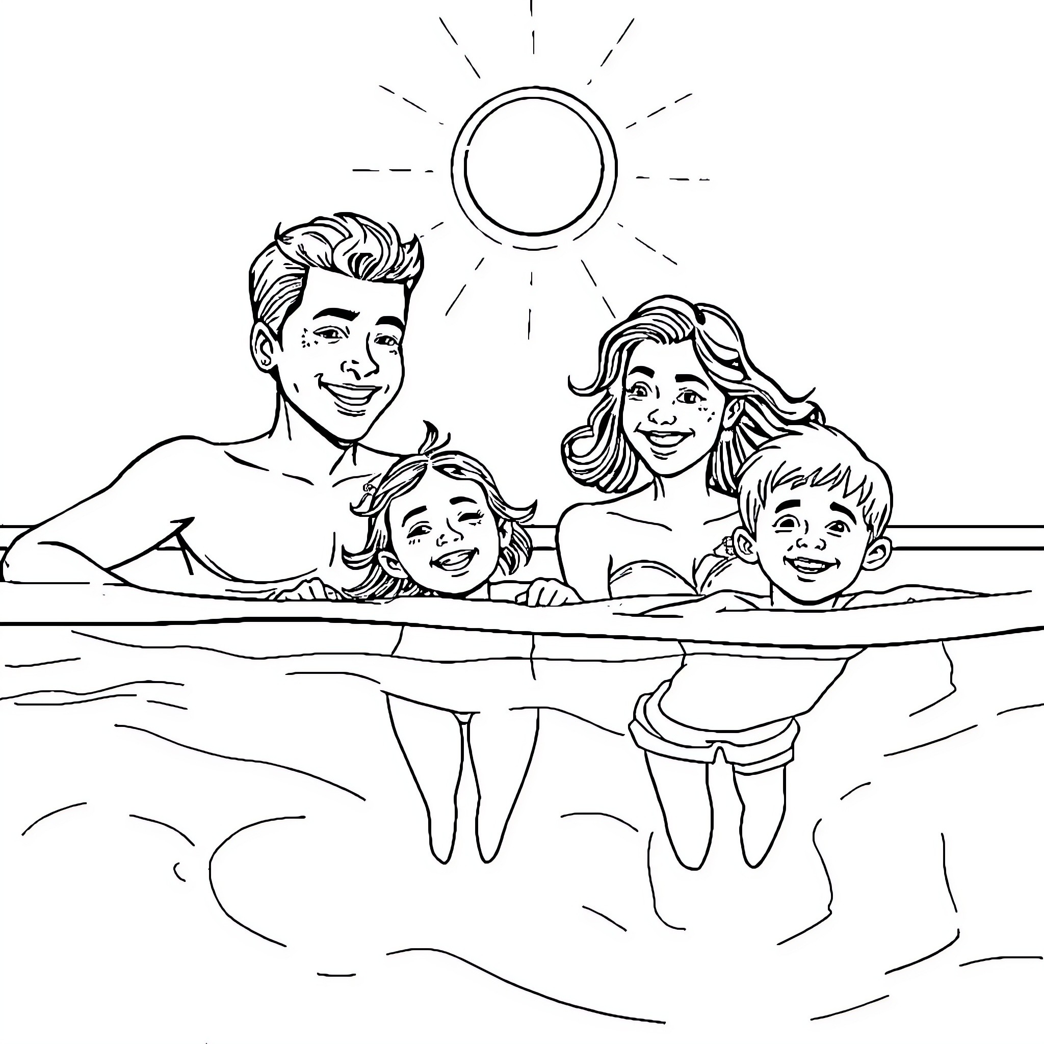 Family enjoying a sunny day at the beach Coloring Page (free black-and-white line drawing printable PDF for all, from beginners to advanced learners, including children, teens, adults, and seniors)
