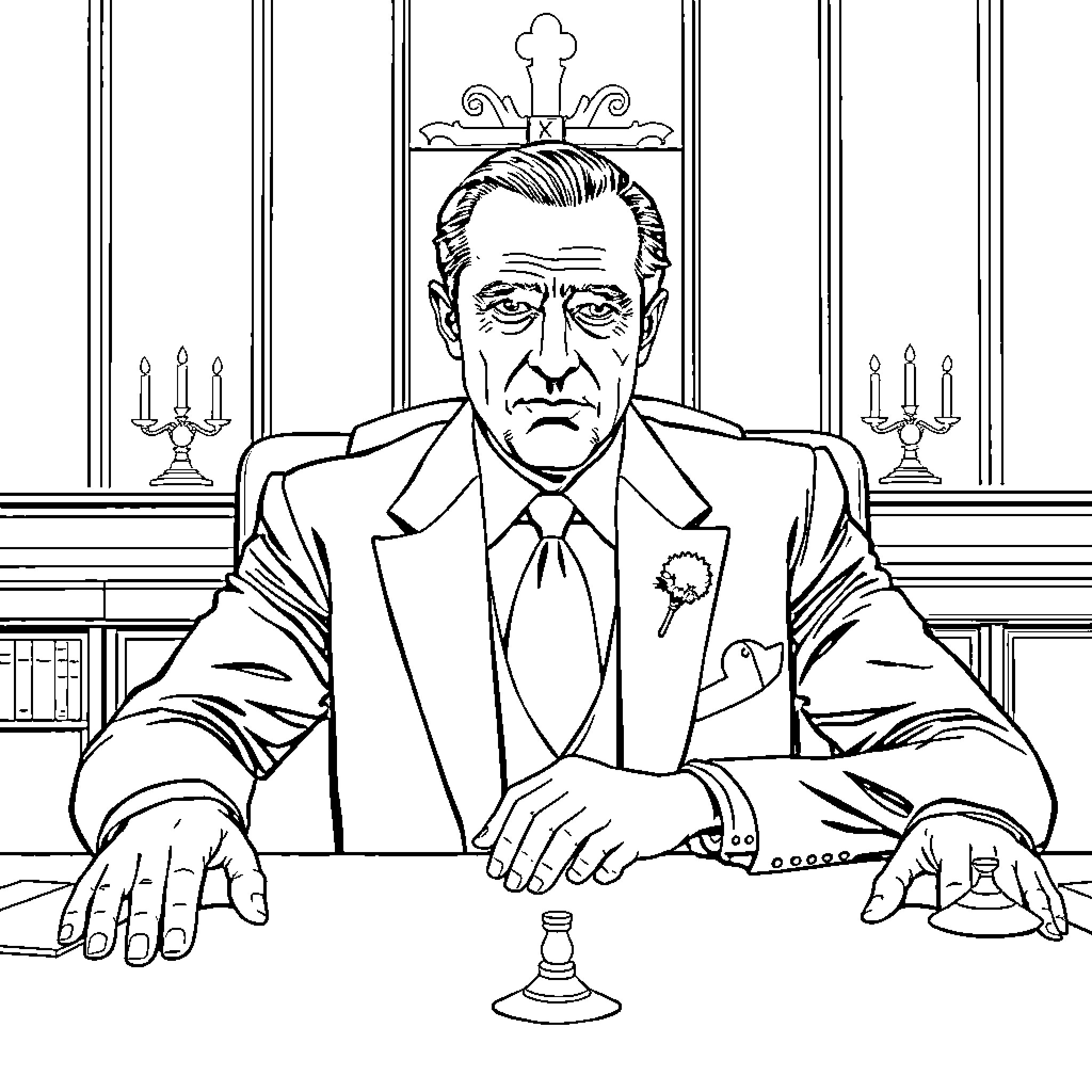 Godfather's Stern Presence in Elegant Surroundings Coloring Page (free black-and-white line drawing printable PDF for all, from beginners to advanced learners, including children, teens, adults, and seniors)