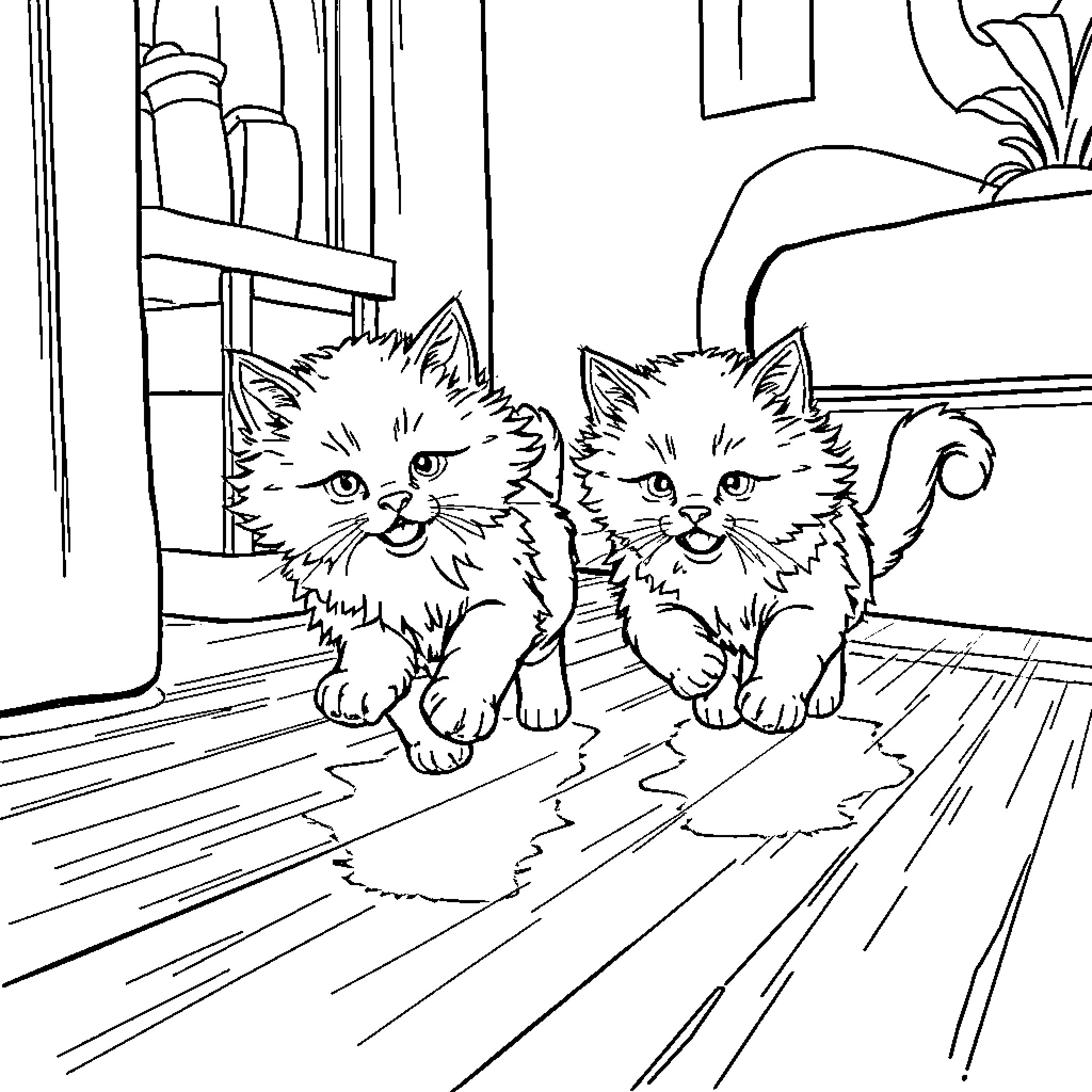 Kittens Exploring a Cozy Indoor Scene Coloring Page (free black-and-white line drawing printable PDF for all, from beginners to advanced learners, including children, teens, adults, and seniors)