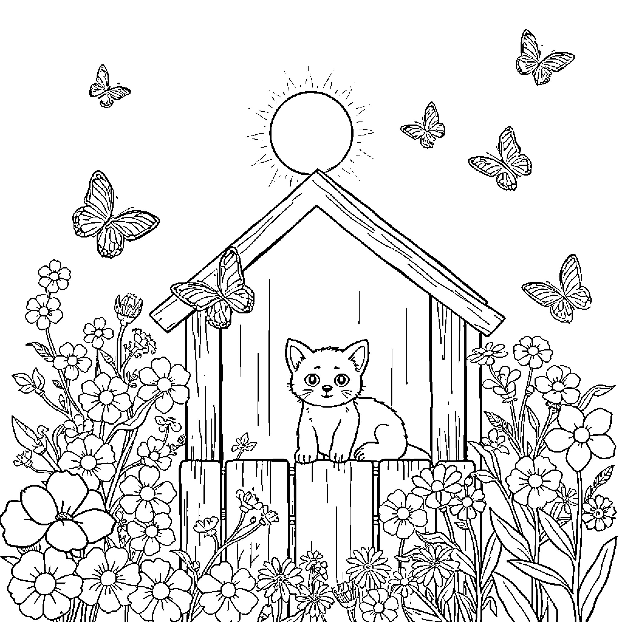 Dog enjoying the outdoors in a garden Coloring Page (free black-and-white line drawing printable PDF for all, from beginners to advanced learners, including children, teens, adults, and seniors)