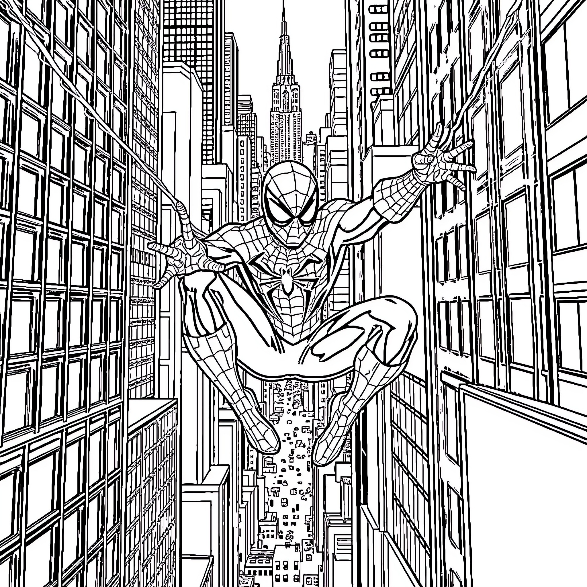 Spiderman swinging through the city skyline Coloring Page (free black-and-white line drawing printable PDF for all, from beginners to advanced learners, including children, teens, adults, and seniors)