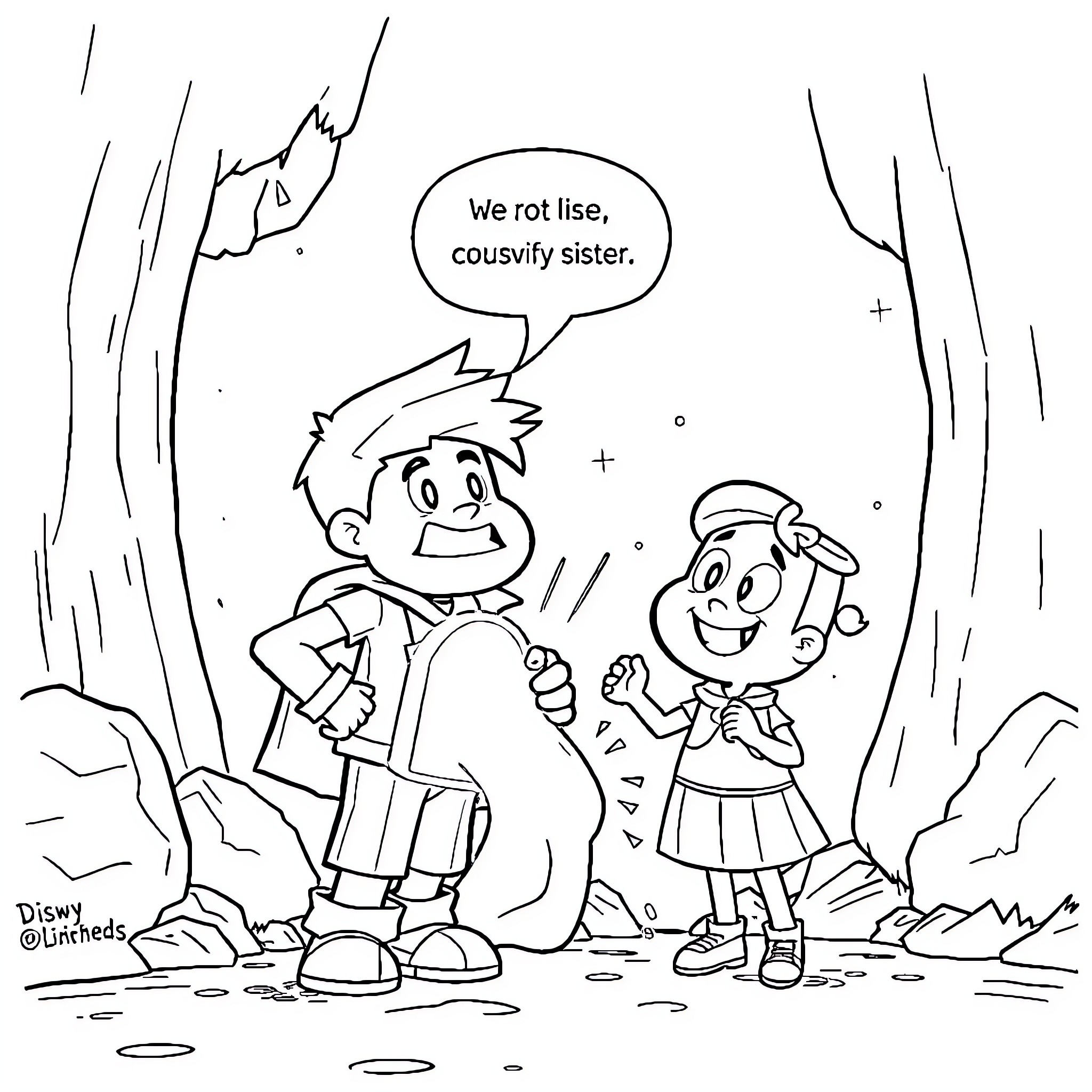 Hero siblings enjoying outdoor adventure Coloring Page (free black-and-white line drawing printable PDF for all, from beginners to advanced learners, including children, teens, adults, and seniors)