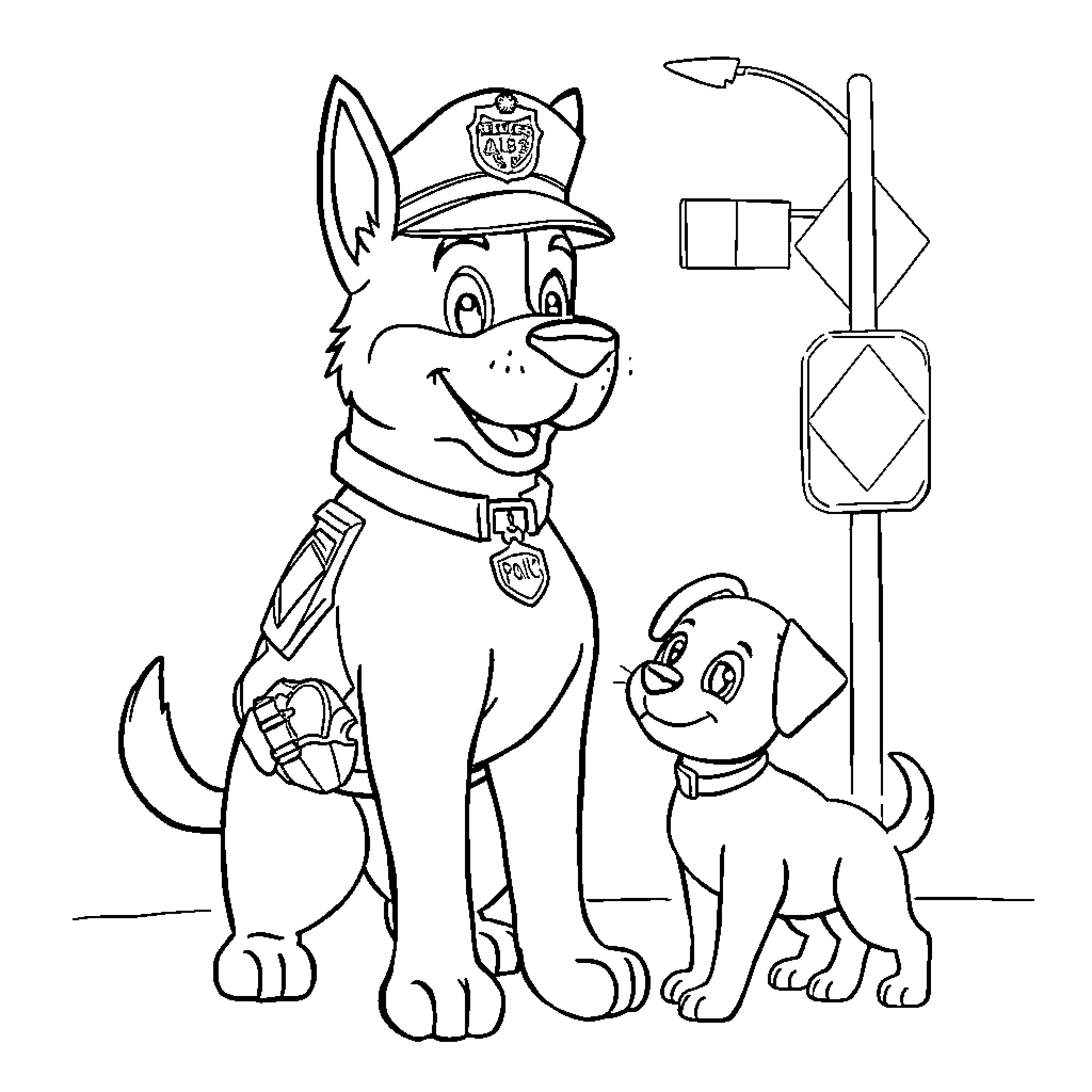 Animal police dogs on patrol Coloring Page (free black-and-white line drawing printable PDF for all, from beginners to advanced learners, including children, teens, adults, and seniors)