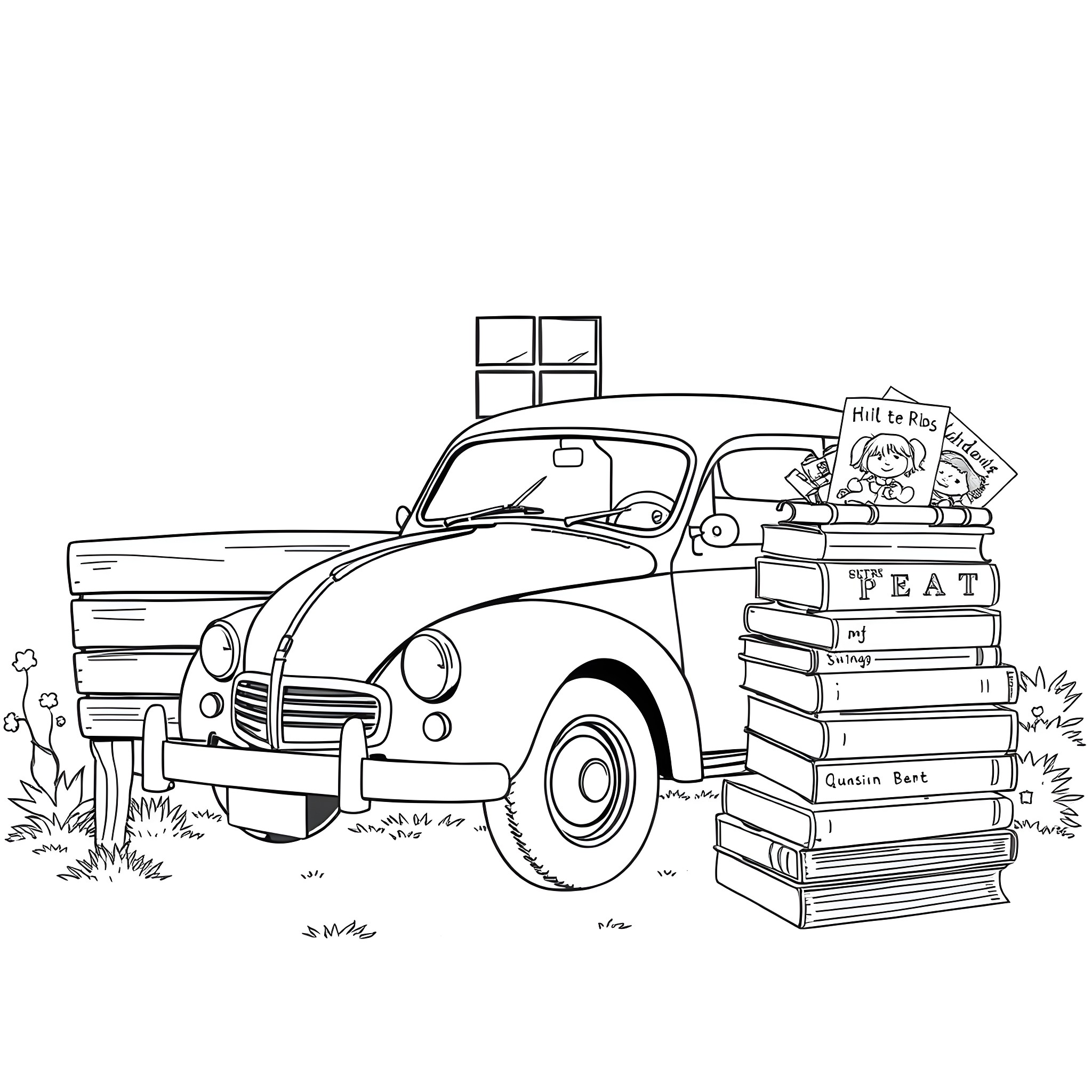 Car with books transporting student to school Coloring Page (free black-and-white line drawing printable PDF for all, from beginners to advanced learners, including children, teens, adults, and seniors)