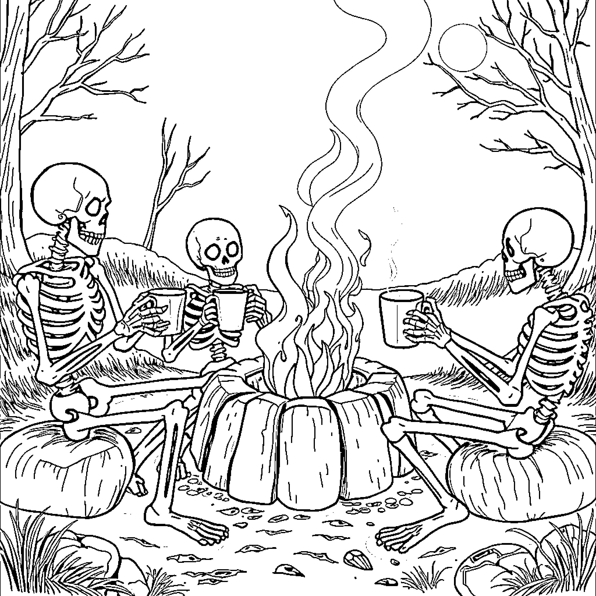 Skeleton friends enjoying a campfire gathering Coloring Page (free black-and-white line drawing printable PDF for all, from beginners to advanced learners, including children, teens, adults, and seniors)