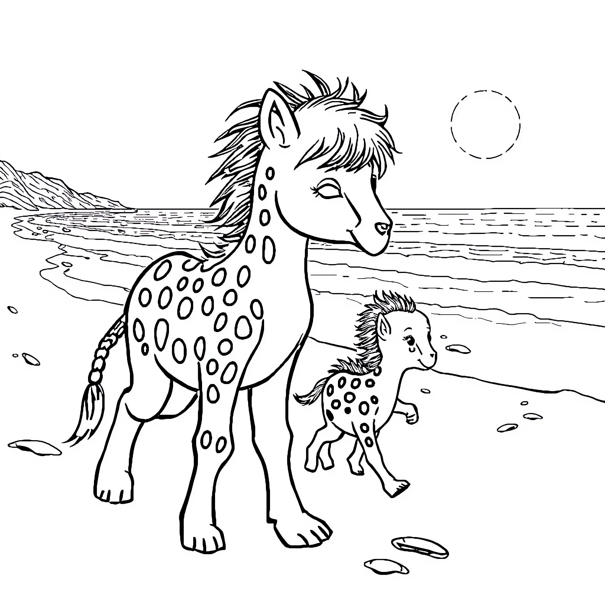 Niños con caballos al atardecer Coloring Page (free black-and-white line drawing printable PDF for all, from beginners to advanced learners, including children, teens, adults, and seniors)