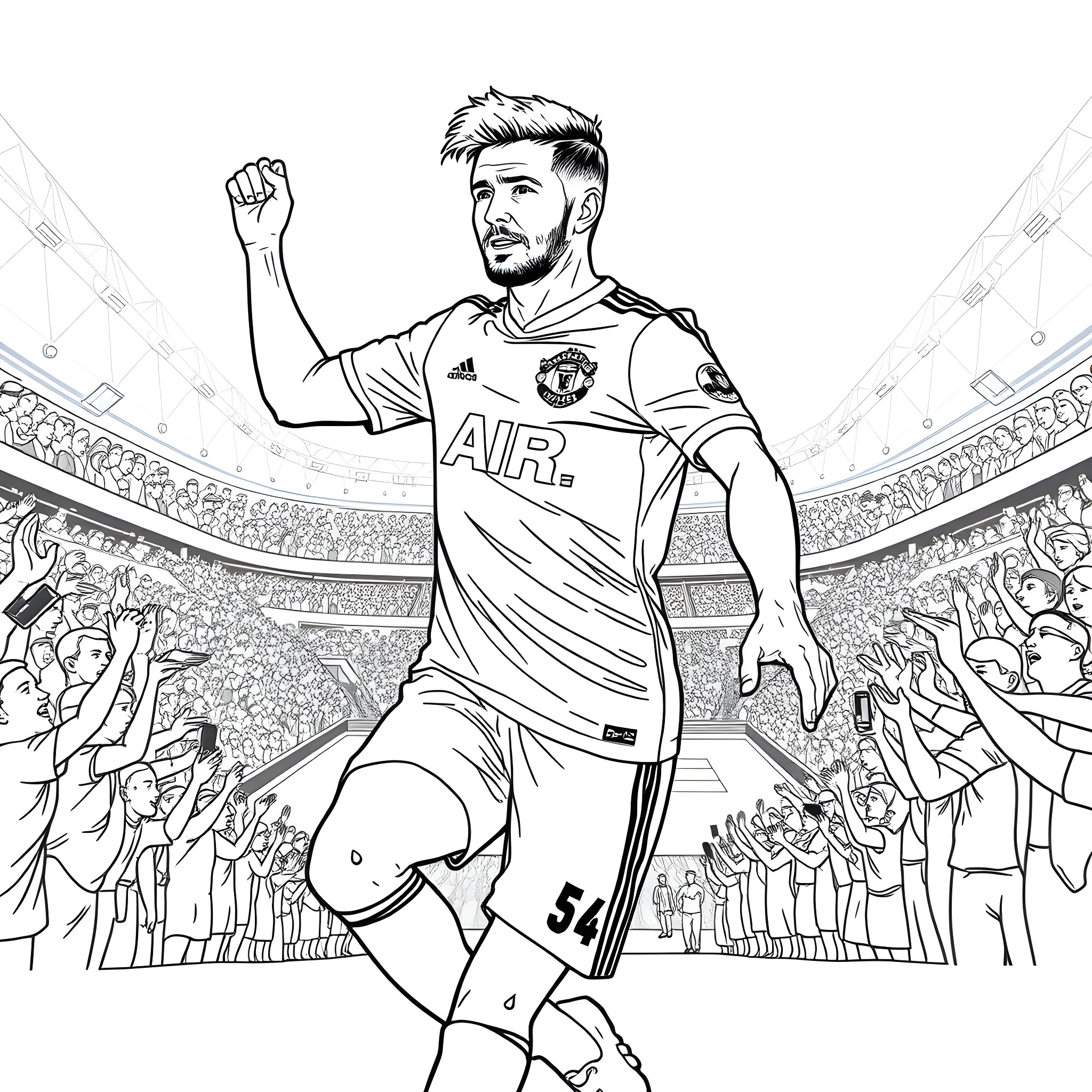 David Beckham scoring a goal at the stadium Coloring Page (free black-and-white line drawing printable PDF for all, from beginners to advanced learners, including children, teens, adults, and seniors)