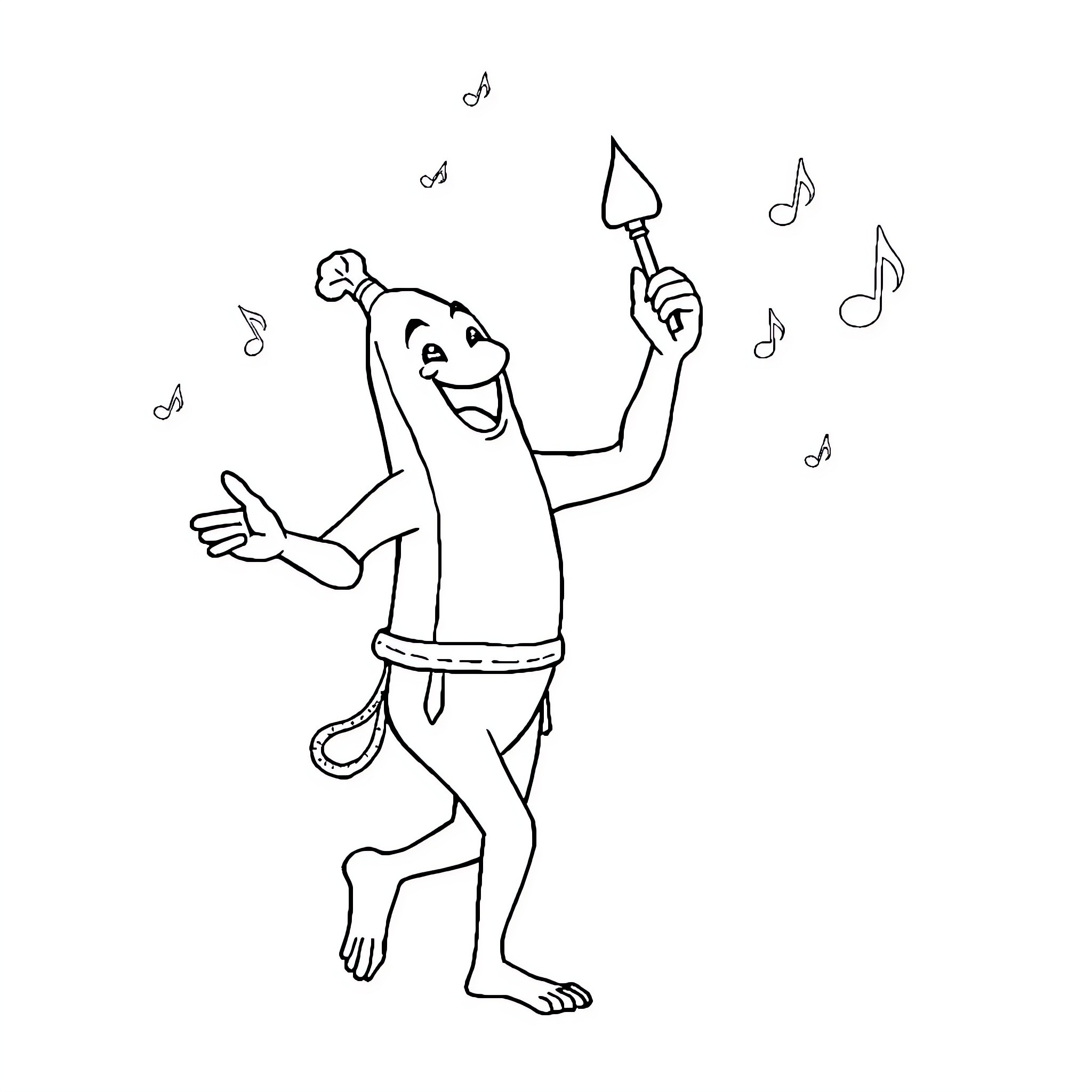 Bananero dancing joyfully with musical notes Coloring Page (free black-and-white line drawing printable PDF for all, from beginners to advanced learners, including children, teens, adults, and seniors)