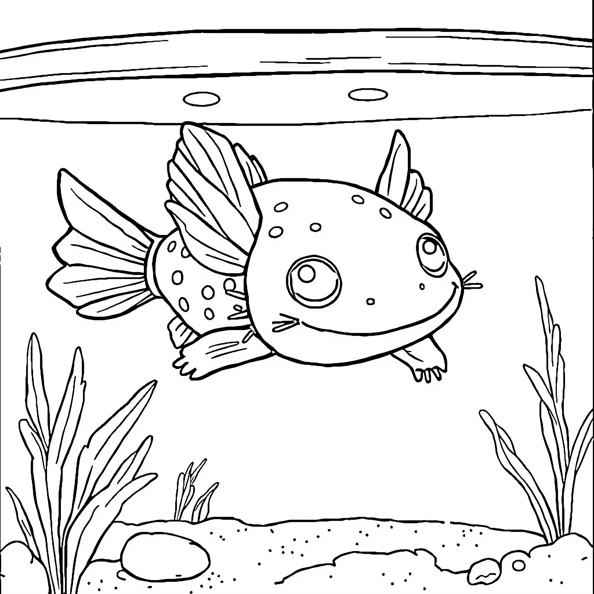 Axolotl Swimming in Underwater Wonderland Coloring Page (free black-and-white line drawing printable PDF for all, from beginners to advanced learners, including children, teens, adults, and seniors)