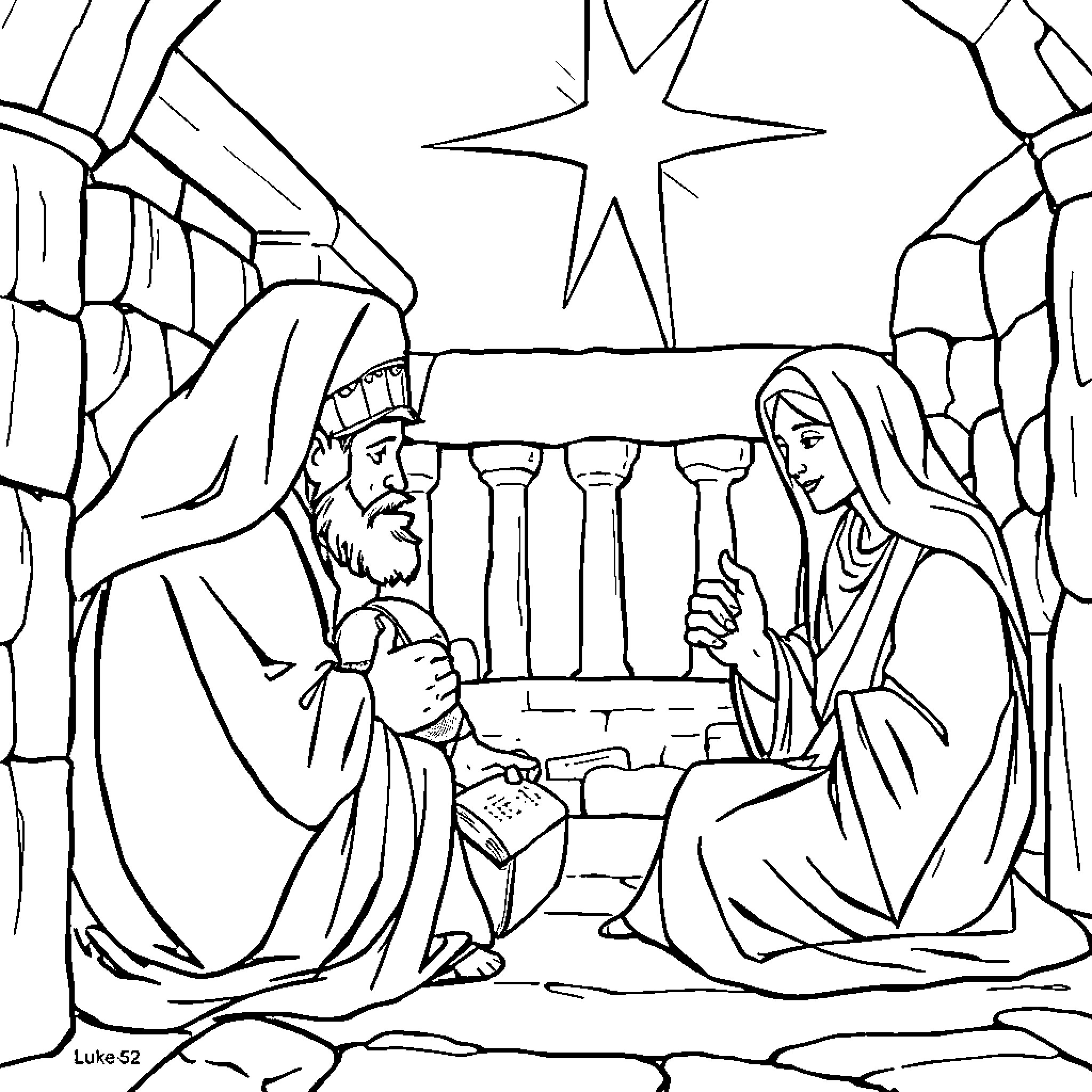 Luke and the Wise Men's Visit Coloring Page (free black-and-white line drawing printable PDF for all, from beginners to advanced learners, including children, teens, adults, and seniors)