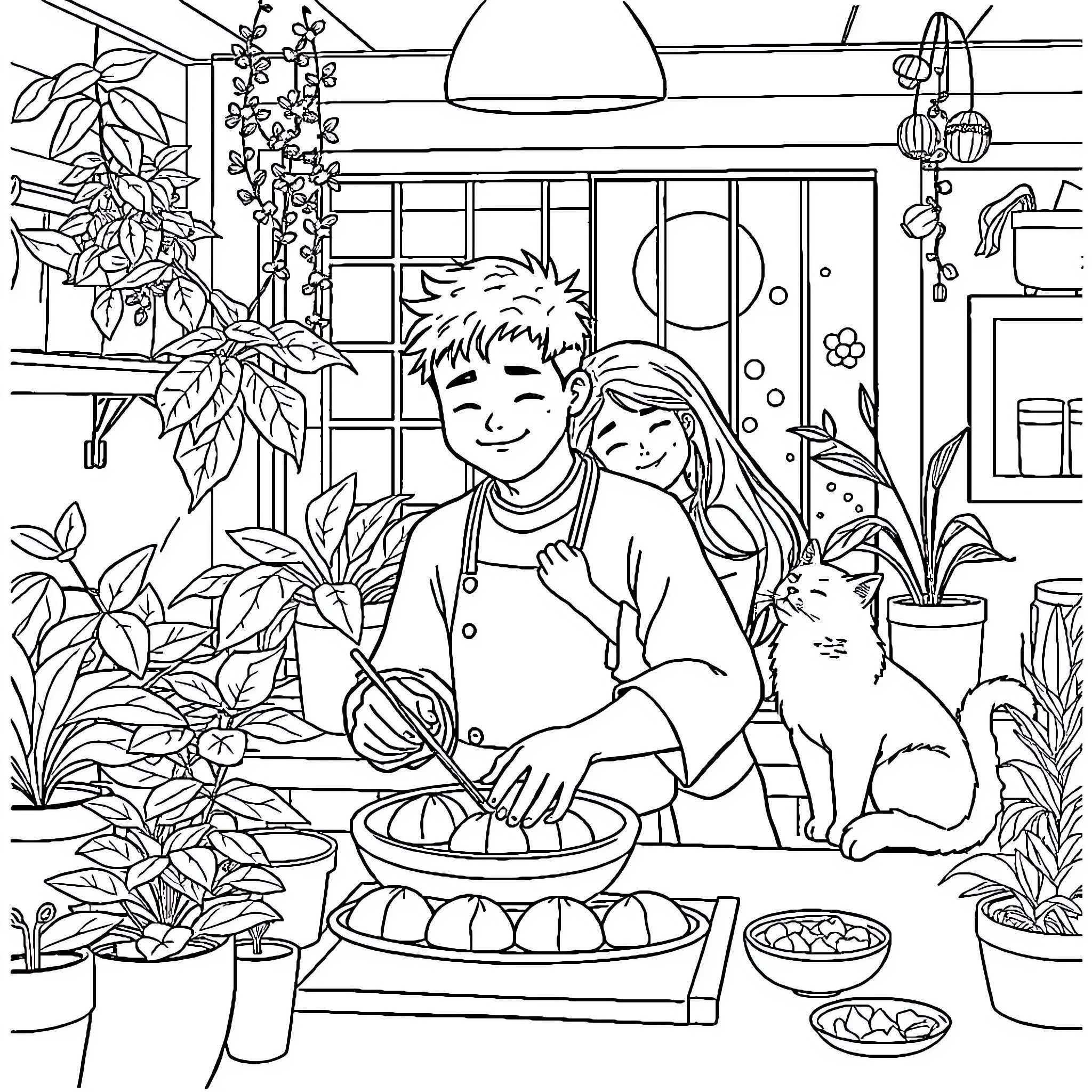 Guy and girl enjoying cozy indoor garden scene Coloring Page (free black-and-white line drawing printable PDF for all, from beginners to advanced learners, including children, teens, adults, and seniors)
