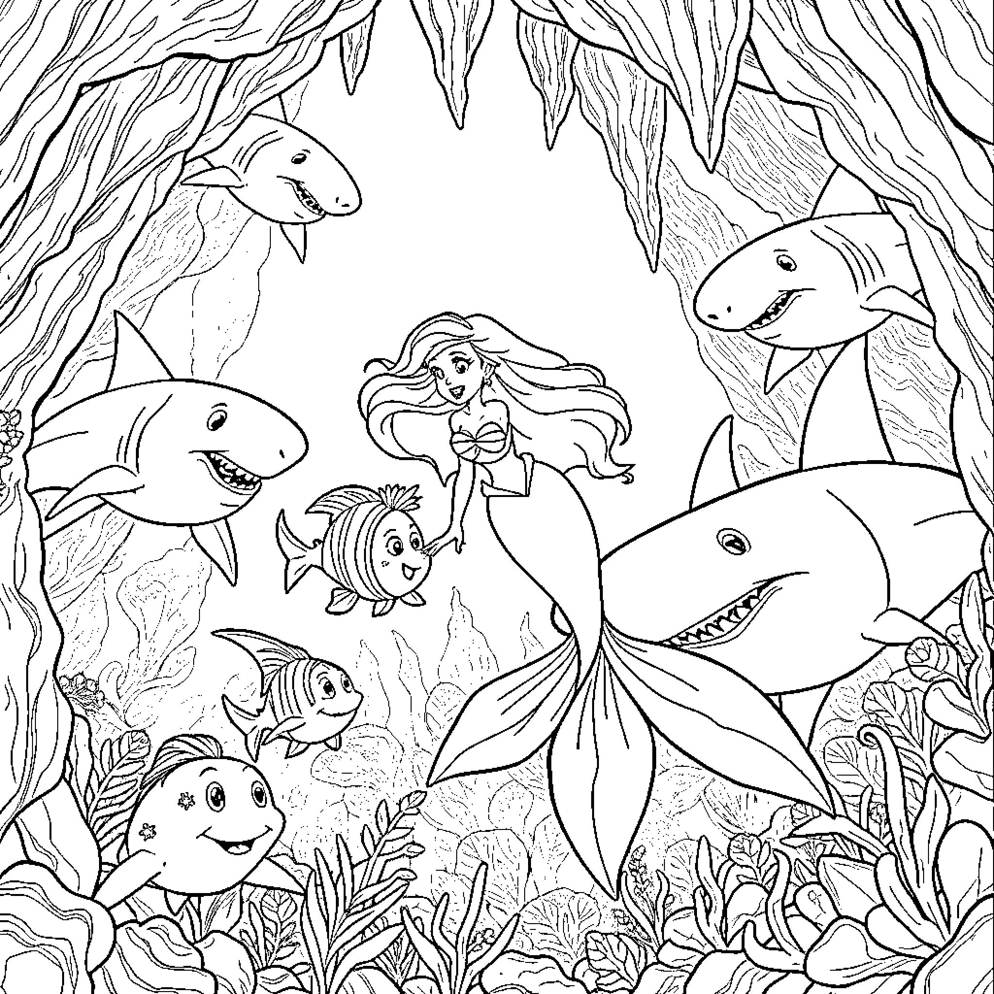 Ariel's Underwater Adventure with Colorful Sea Creatures Coloring Page (free black-and-white line drawing printable PDF for all, from beginners to advanced learners, including children, teens, adults, and seniors)