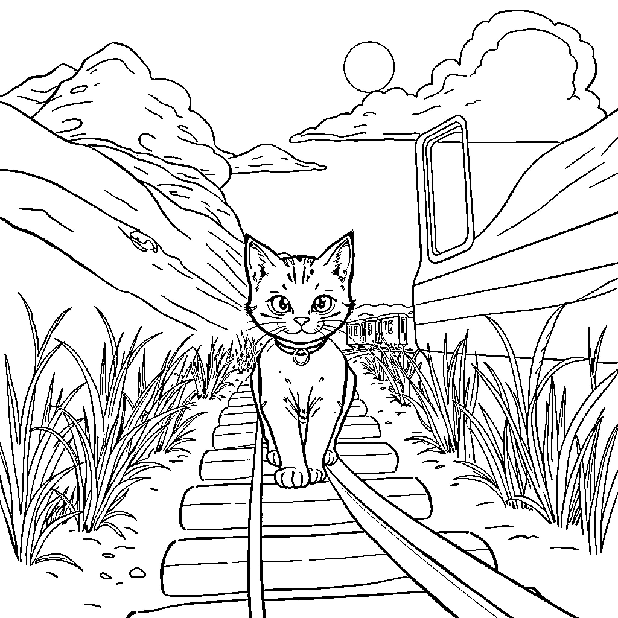 Gato exploring the mountain path Coloring Page (free black-and-white line drawing printable PDF for all, from beginners to advanced learners, including children, teens, adults, and seniors)