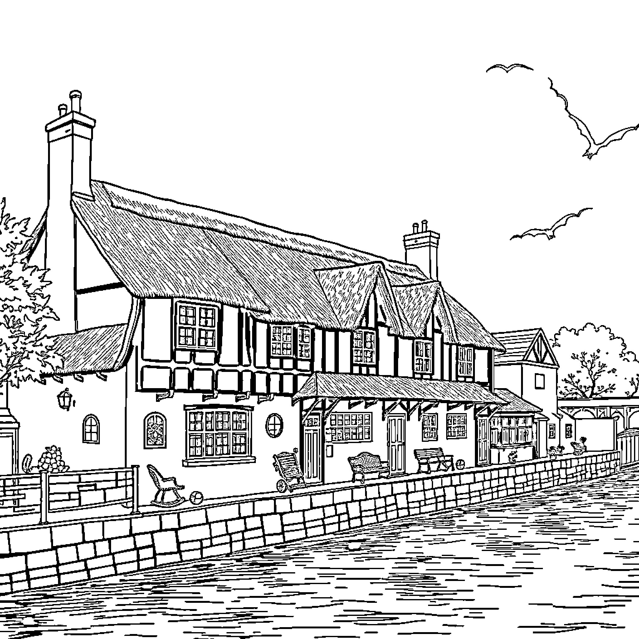 Craven Cottage: Historic Riverside Pub and Cottages Coloring Page (free black-and-white line drawing printable PDF for all, from beginners to advanced learners, including children, teens, adults, and seniors)