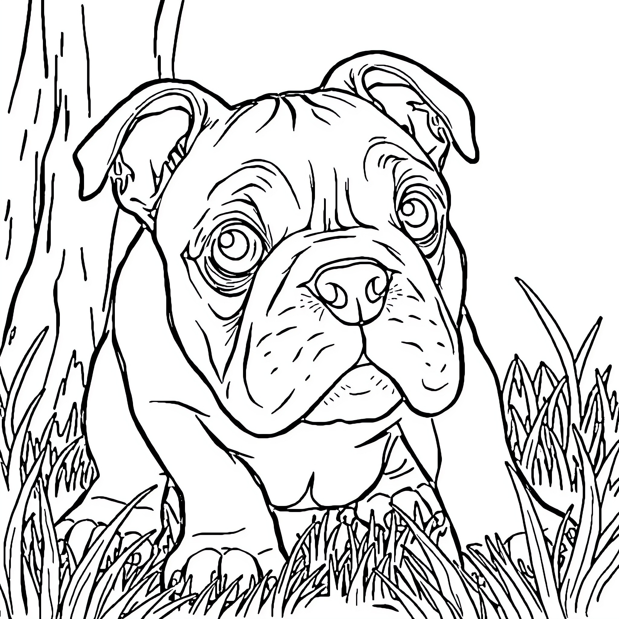 Bulldog enjoying outdoor adventure in natural setting Coloring Page (free black-and-white line drawing printable PDF for all, from beginners to advanced learners, including children, teens, adults, and seniors)