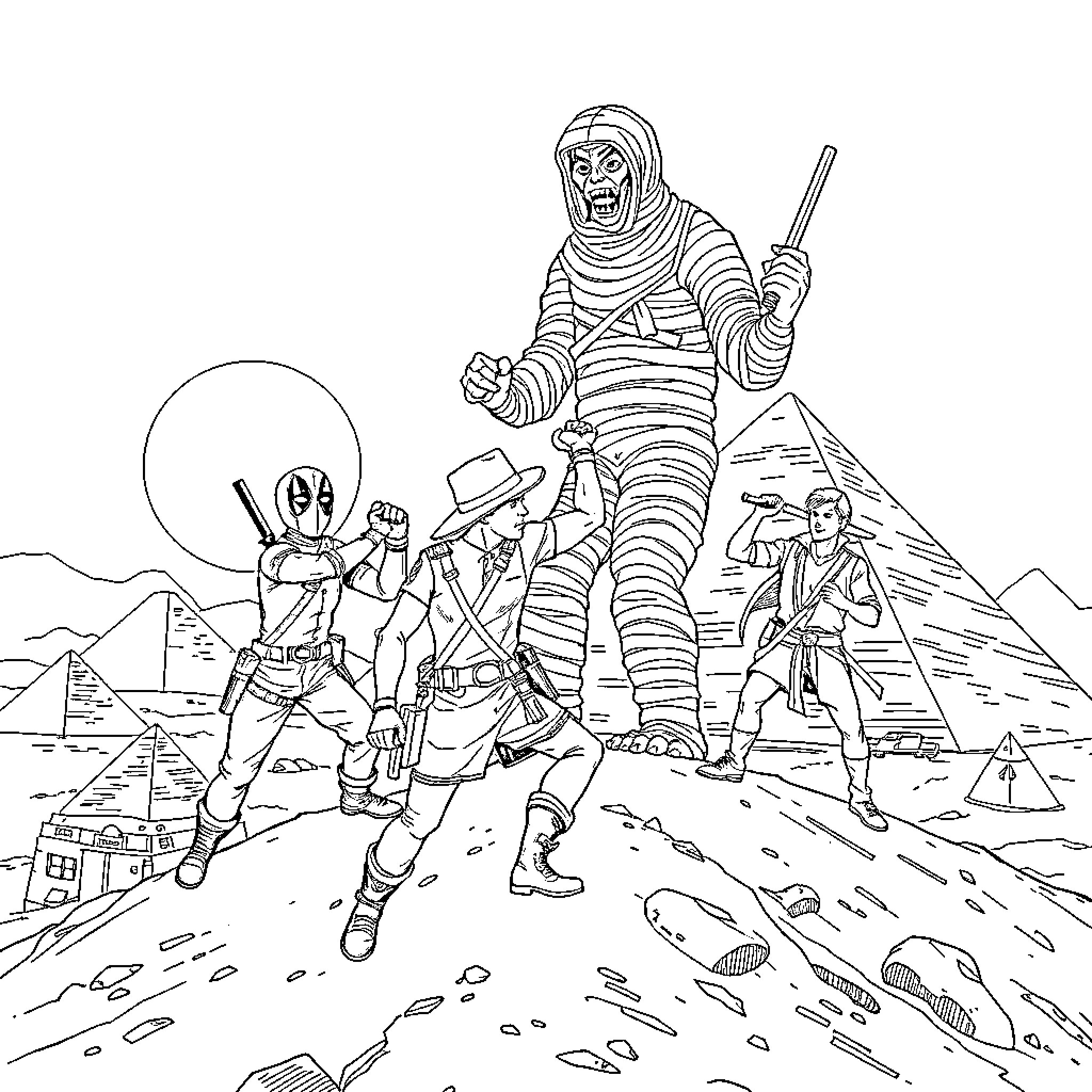 Deadpool and the Mummy's Curse in the Desert Pyramids Coloring Page (free black-and-white line drawing printable PDF for all, from beginners to advanced learners, including children, teens, adults, and seniors)