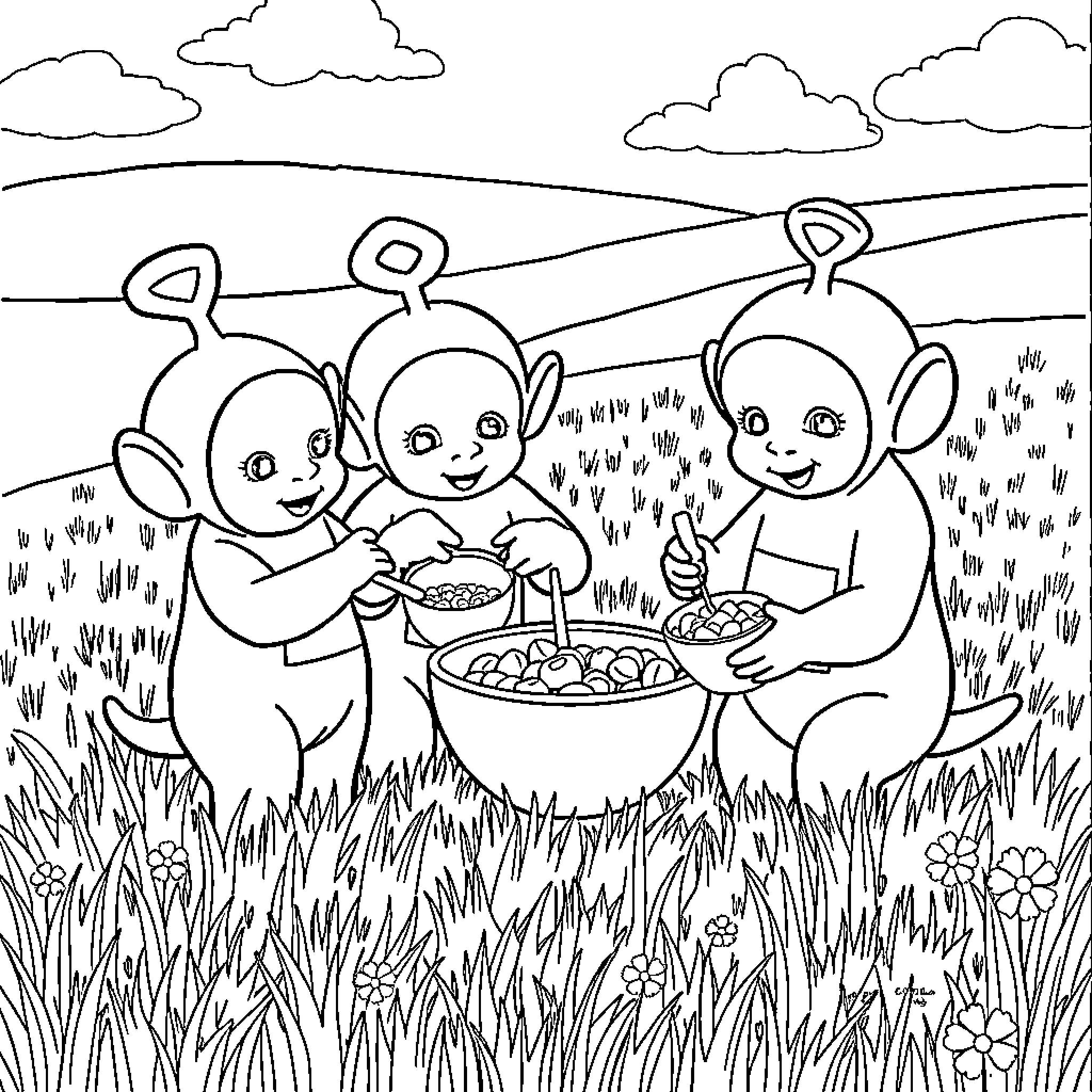 Teletubbies Enjoying a Picnic in the Countryside Coloring Page (free black-and-white line drawing printable PDF for all, from beginners to advanced learners, including children, teens, adults, and seniors)