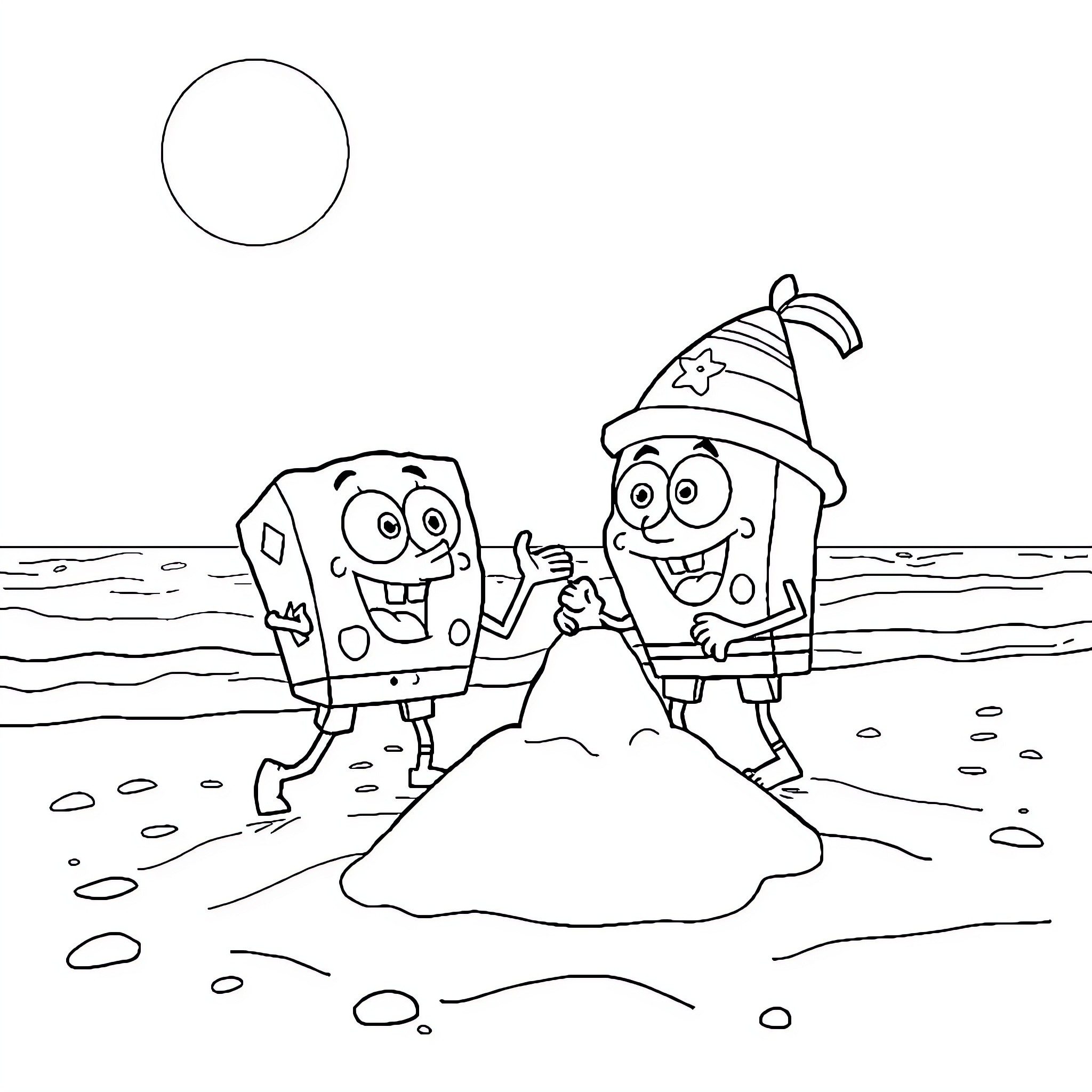 Spongebob and Patrick building a sandcastle on the beach Coloring Page (free black-and-white line drawing printable PDF for all, from beginners to advanced learners, including children, teens, adults, and seniors)