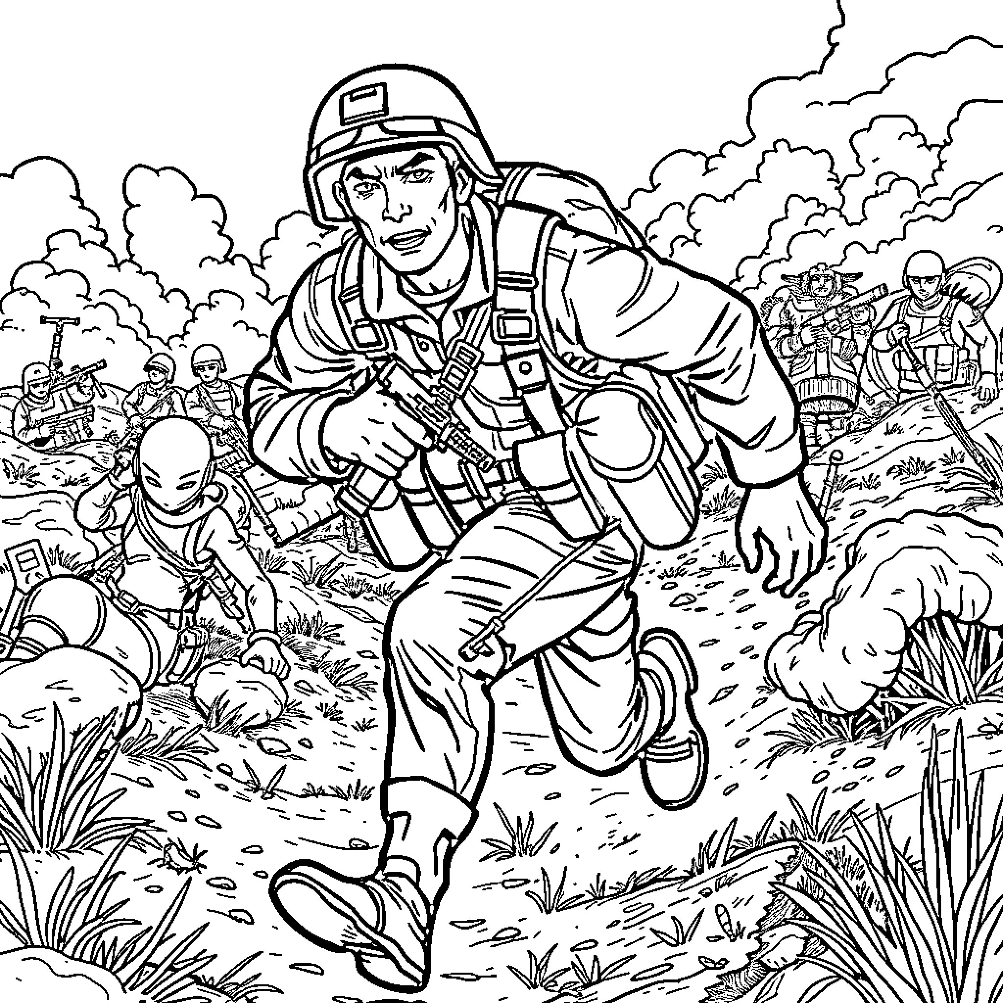 Army Man Advancing in Battle Amidst Chaos Coloring Page (free black-and-white line drawing printable PDF for all, from beginners to advanced learners, including children, teens, adults, and seniors)