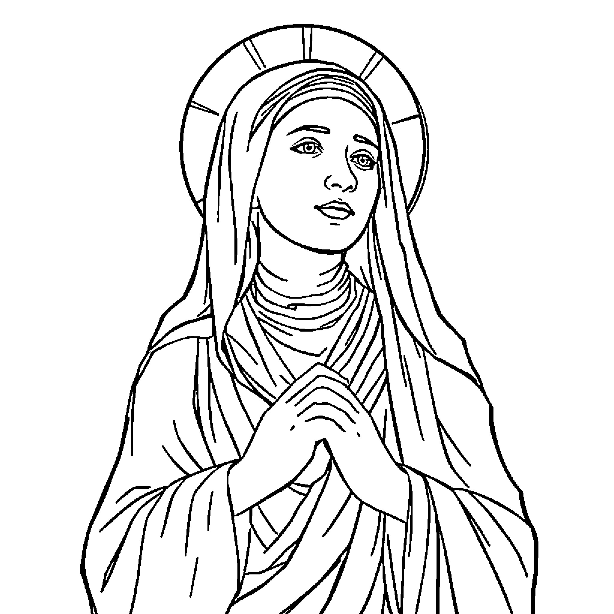 Santa Teresa in prayer with serene expression Coloring Page (free black-and-white line drawing printable PDF for all, from beginners to advanced learners, including children, teens, adults, and seniors)