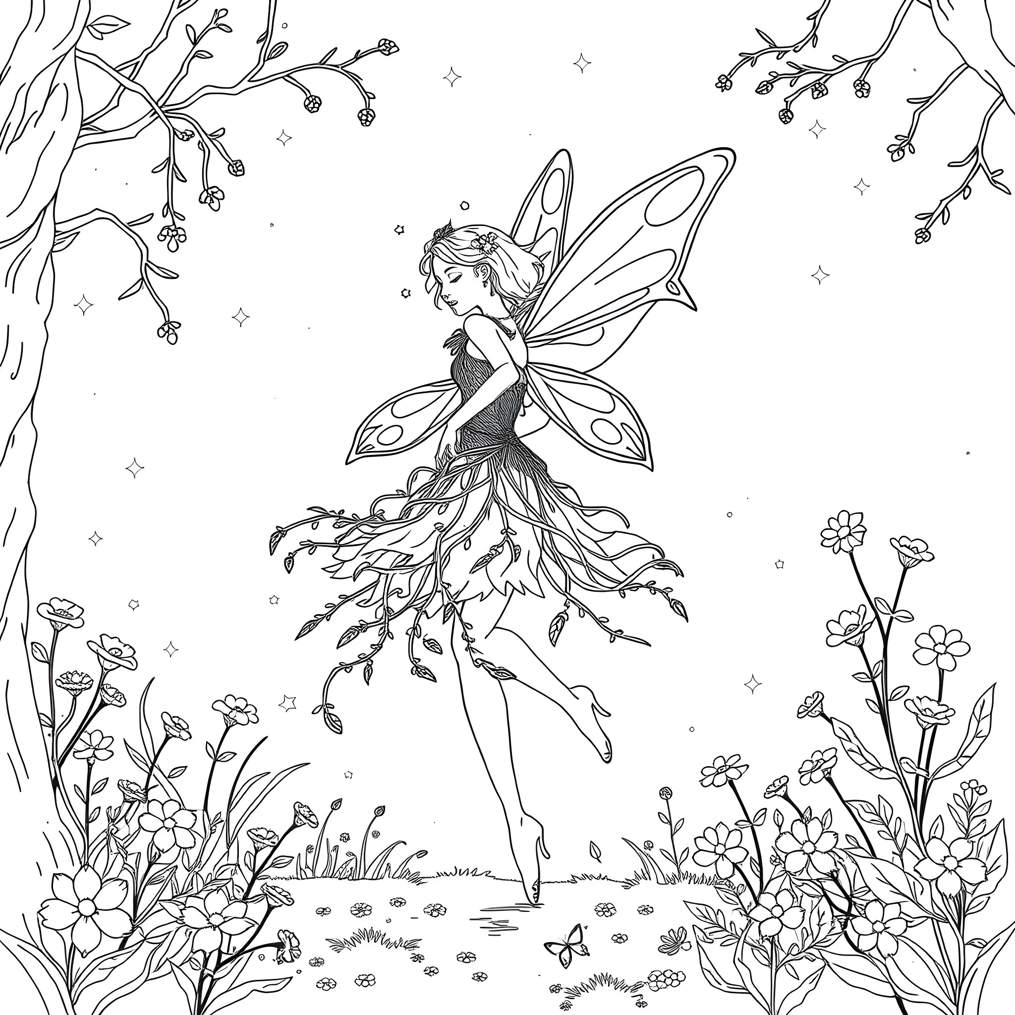 Fairy dancing gracefully in a enchanted forest Coloring Page (free black-and-white line drawing printable PDF for all, from beginners to advanced learners, including children, teens, adults, and seniors)