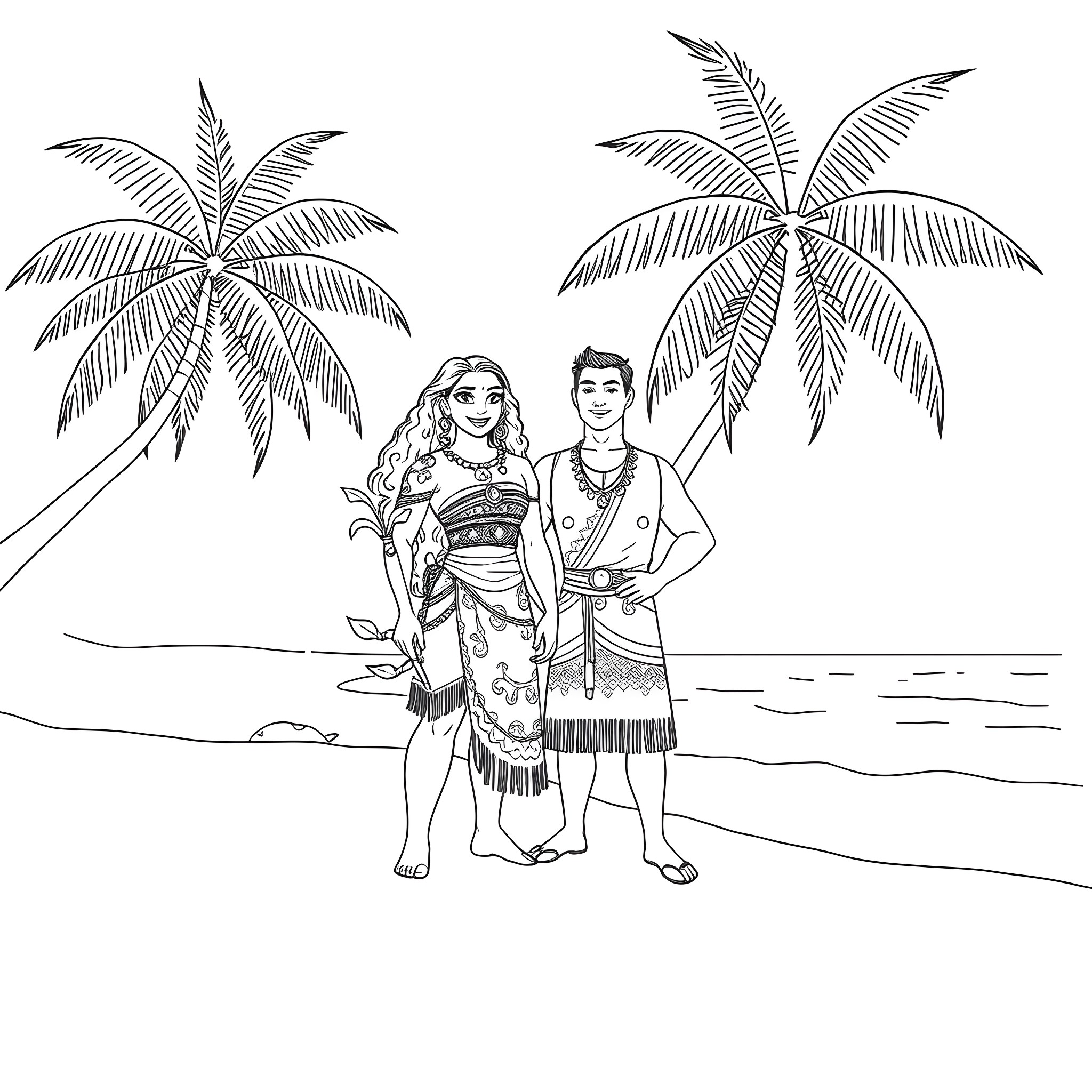 Moana and Maui on a tropical beach Coloring Page (free black-and-white line drawing printable PDF for all, from beginners to advanced learners, including children, teens, adults, and seniors)