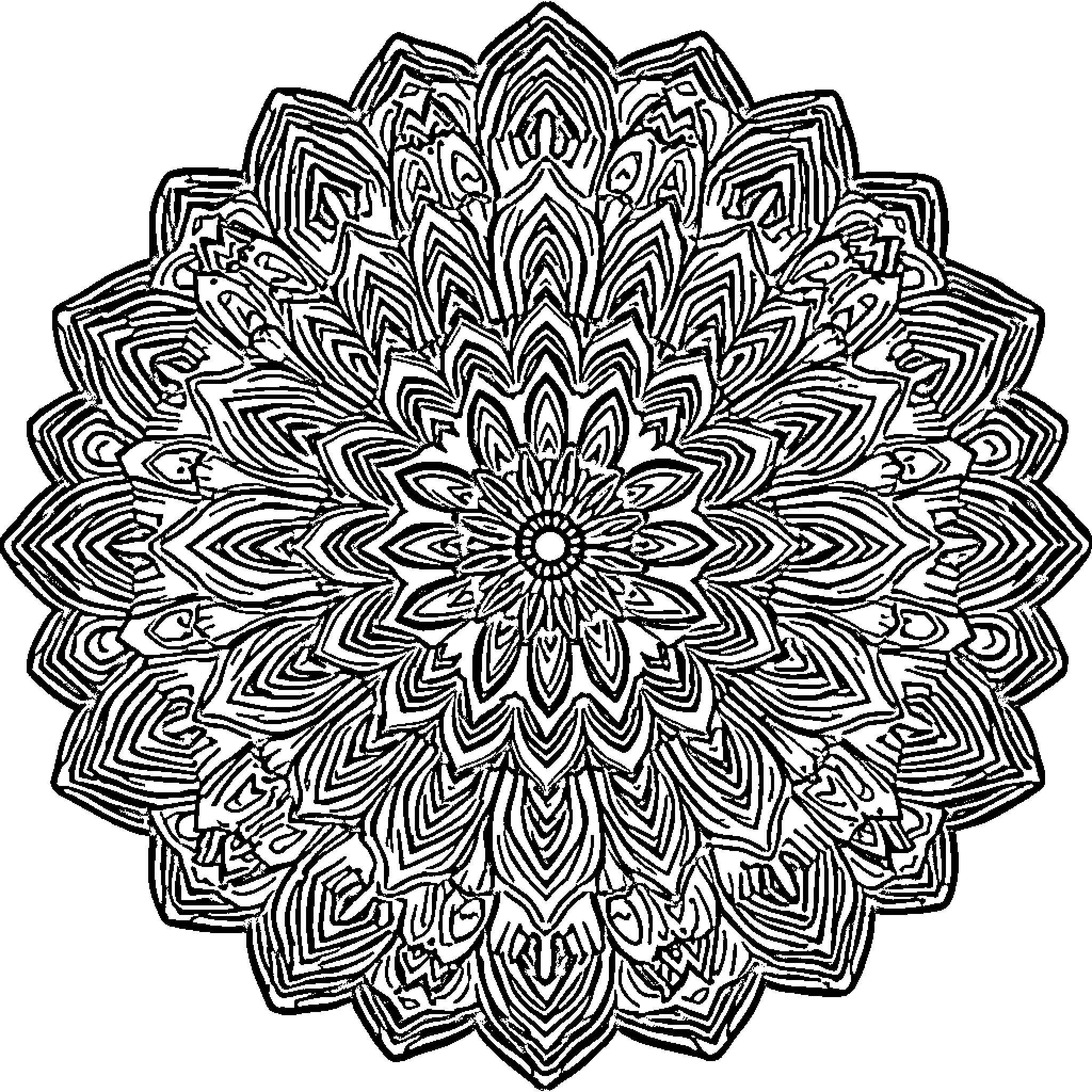 Mandala of intricate floral patterns Coloring Page (free black-and-white line drawing printable PDF for all, from beginners to advanced learners, including children, teens, adults, and seniors)