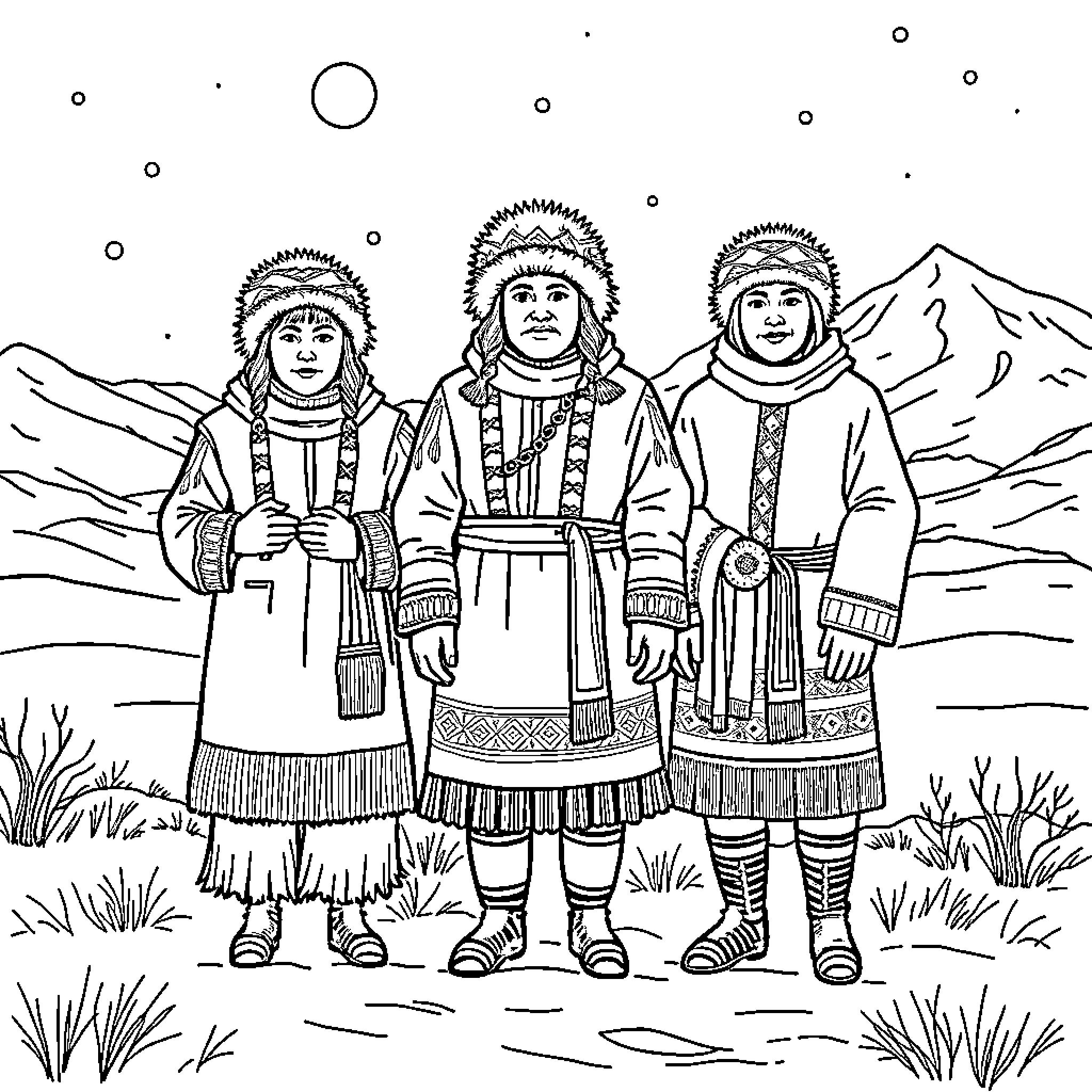 Sami people in traditional winter attire Coloring Page (free black-and-white line drawing printable PDF for all, from beginners to advanced learners, including children, teens, adults, and seniors)