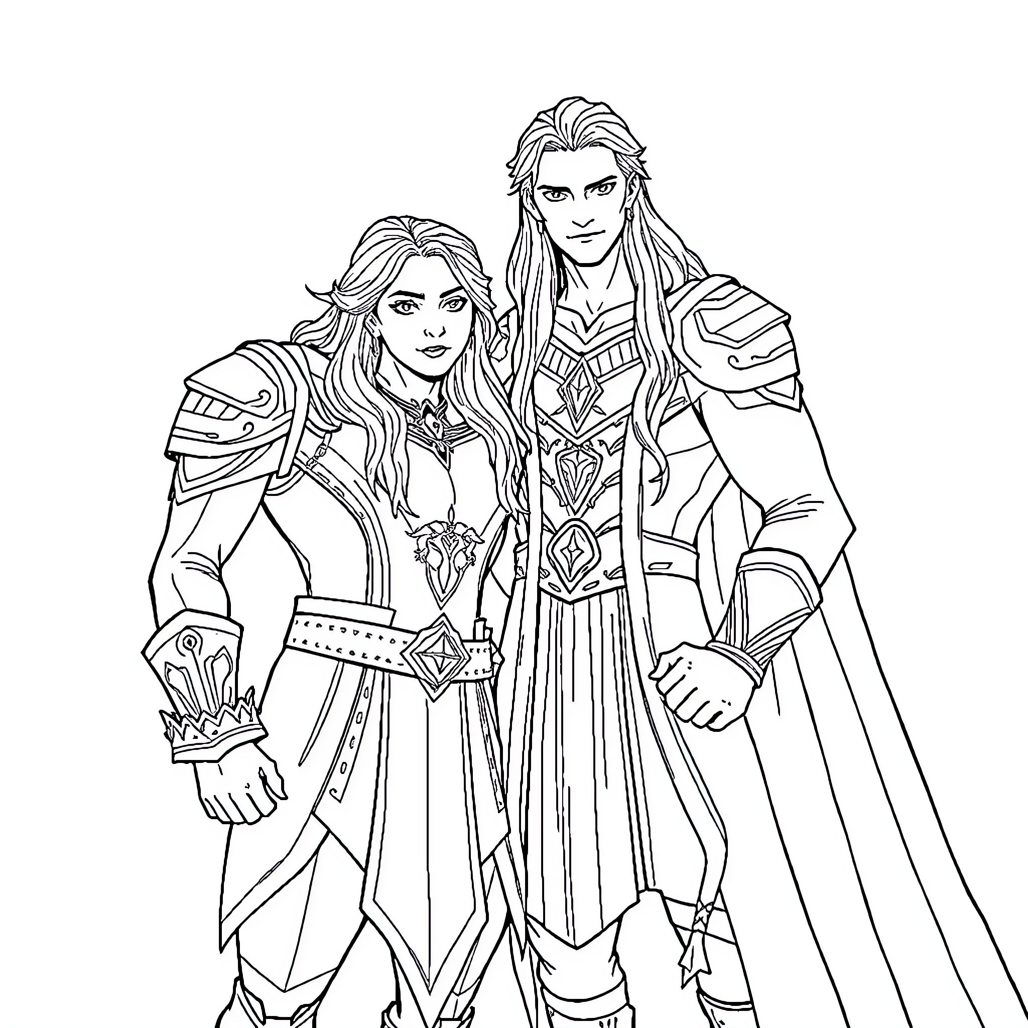 Rhysand and Feyre in Formal Attire Coloring Page (free black-and-white line drawing printable PDF for all, from beginners to advanced learners, including children, teens, adults, and seniors)