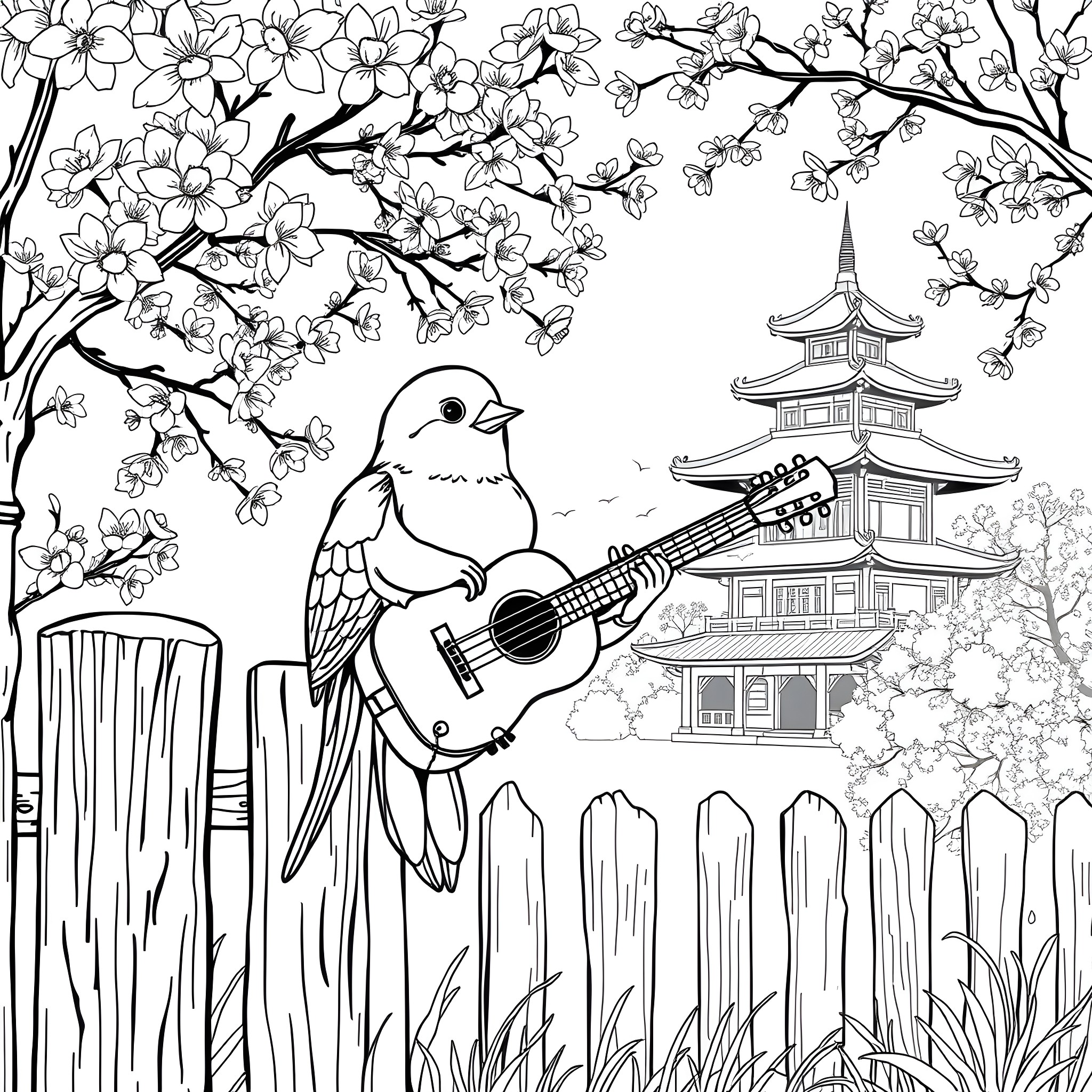 Bird playing music near Japanese pagoda Coloring Page (free black-and-white line drawing printable PDF for all, from beginners to advanced learners, including children, teens, adults, and seniors)