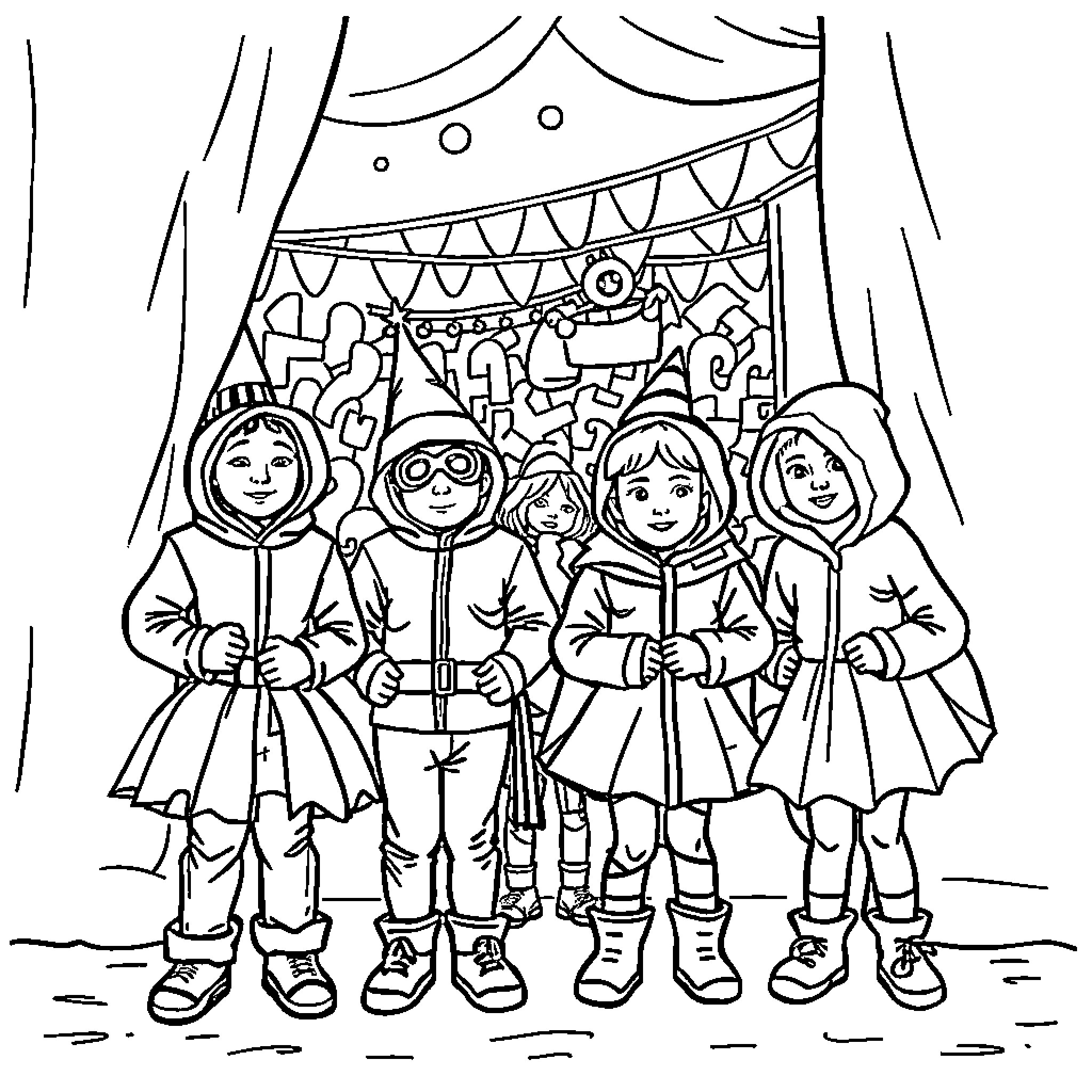 Kid performers stand on stage under decorations Coloring Page (free black-and-white line drawing printable PDF for all, from beginners to advanced learners, including children, teens, adults, and seniors)