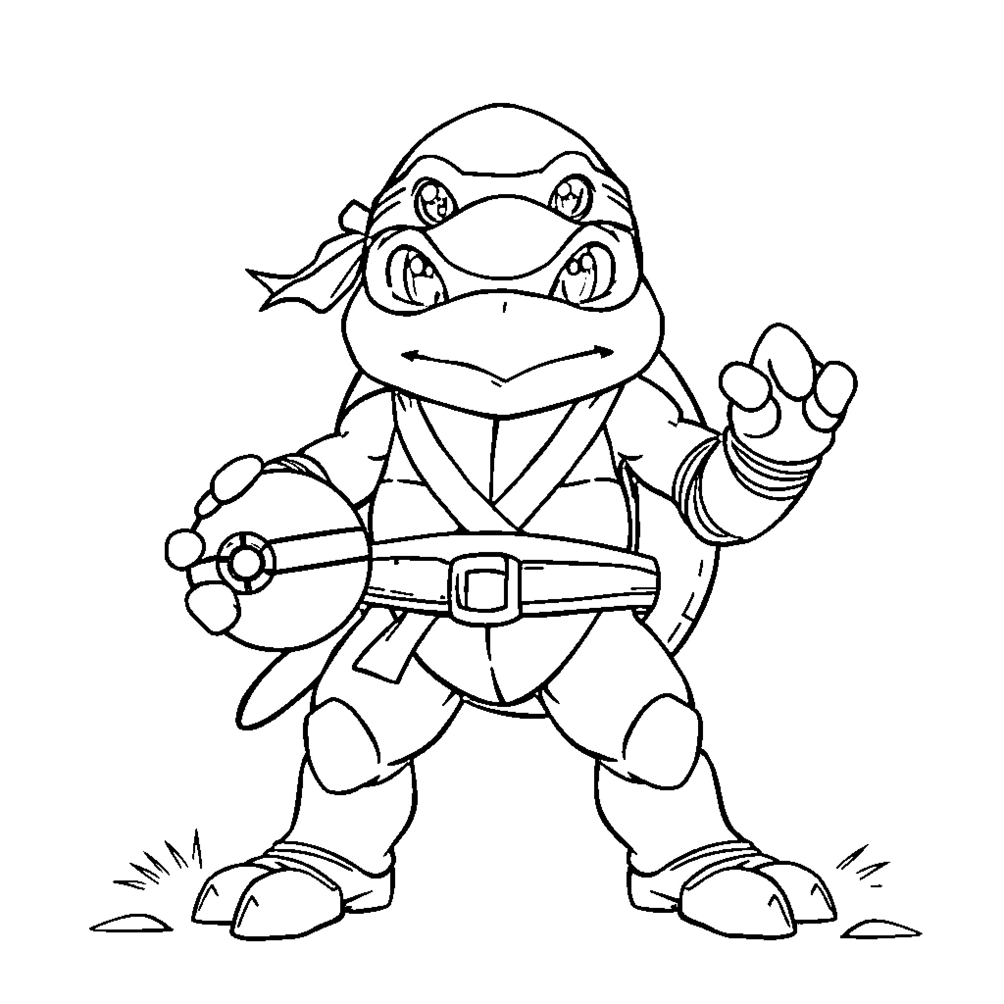 Ninja Turtle in action pose with weapon Coloring Page (free black-and-white line drawing printable PDF for all, from beginners to advanced learners, including children, teens, adults, and seniors)