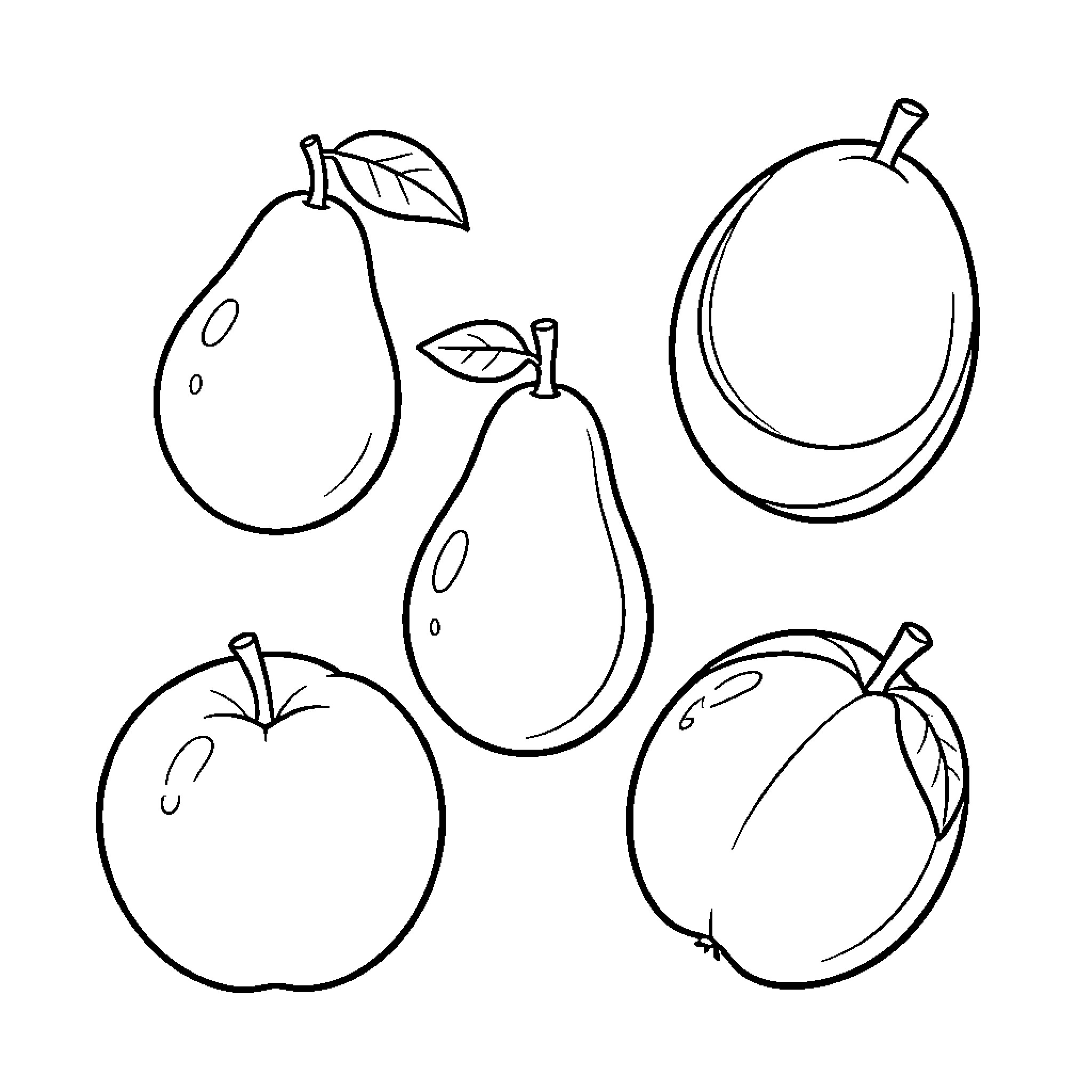 Fruit arranged in a simple collection Coloring Page (free black-and-white line drawing printable PDF for all, from beginners to advanced learners, including children, teens, adults, and seniors)