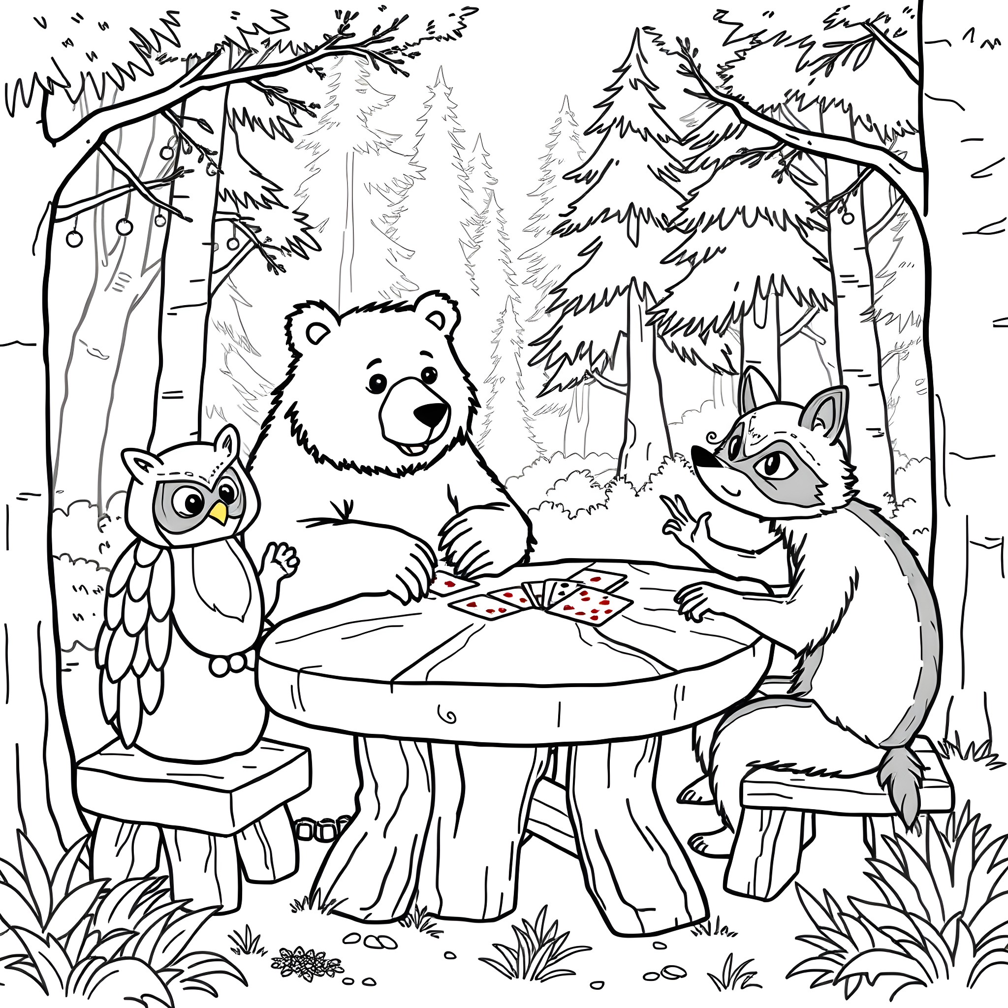 Bear and Friends Enjoying Picnic in the Forest Coloring Page (free black-and-white line drawing printable PDF for all, from beginners to advanced learners, including children, teens, adults, and seniors)
