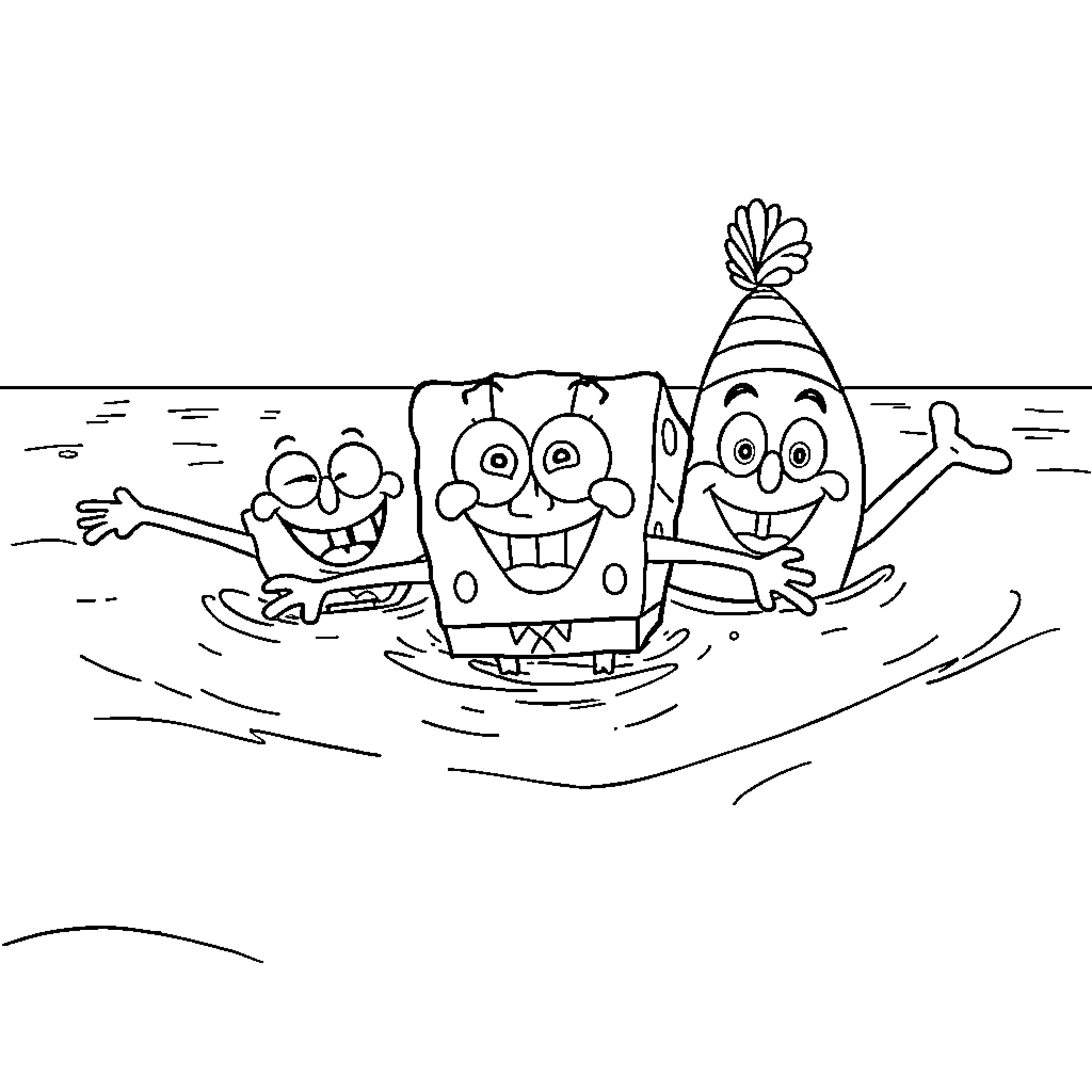 Spongebob and friends having fun in the ocean Coloring Page (free black-and-white line drawing printable PDF for all, from beginners to advanced learners, including children, teens, adults, and seniors)