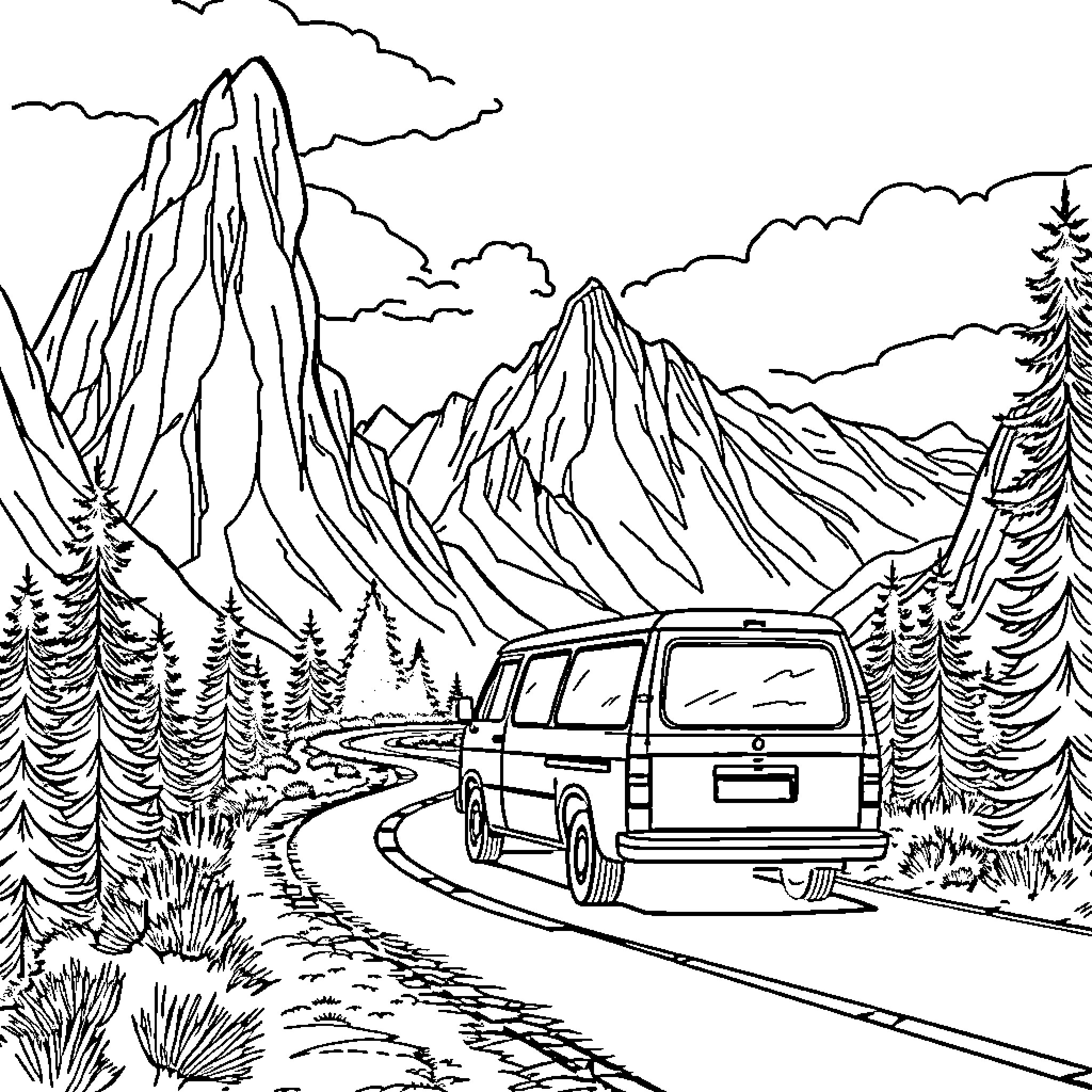 Van trekking through scenic mountain landscape Coloring Page (free black-and-white line drawing printable PDF for all, from beginners to advanced learners, including children, teens, adults, and seniors)