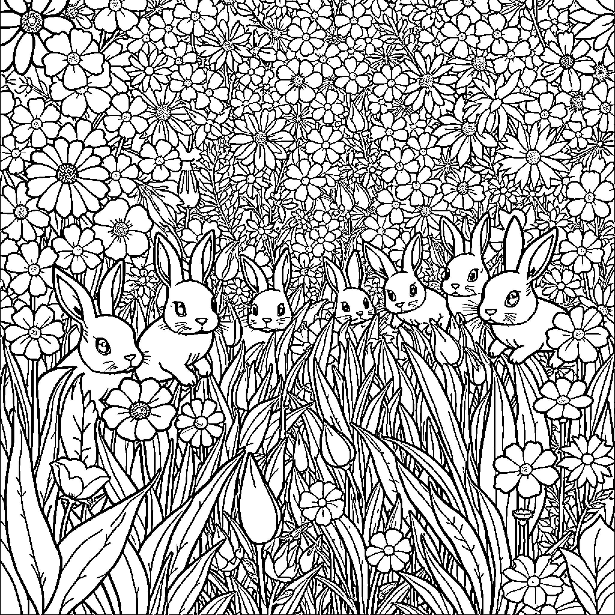 Rabbit playing among flowers in a garden Coloring Page (free black-and-white line drawing printable PDF for all, from beginners to advanced learners, including children, teens, adults, and seniors)
