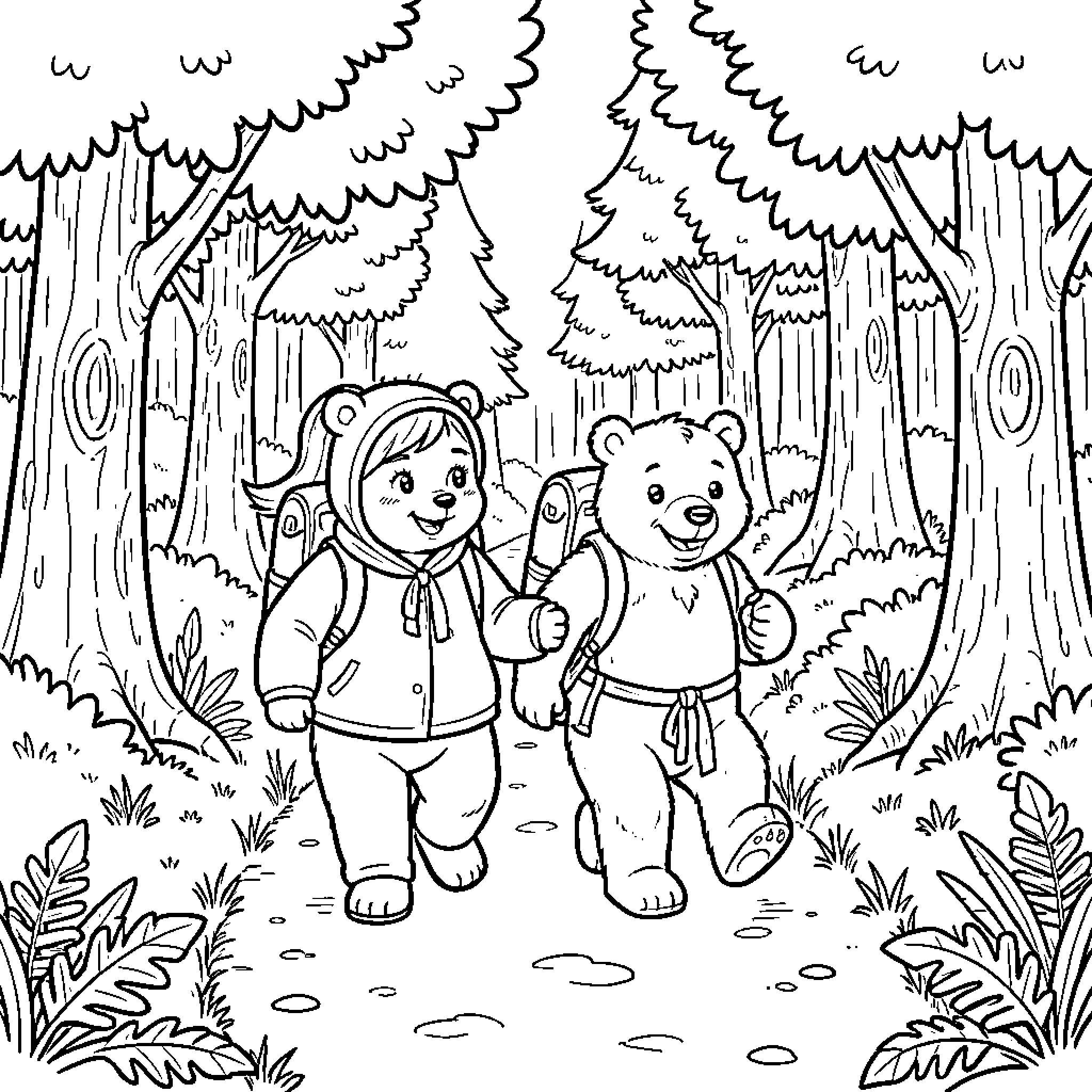 Masha and the Bear walking through a forest Coloring Page (free black-and-white line drawing printable PDF for all, from beginners to advanced learners, including children, teens, adults, and seniors)