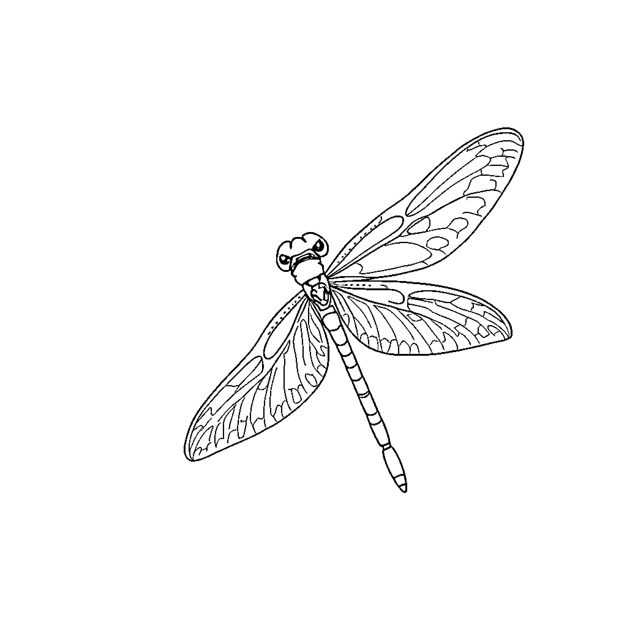 Dragonfly in flight with detailed wings Coloring Page (free black-and-white line drawing printable PDF for all, from beginners to advanced learners, including children, teens, adults, and seniors)