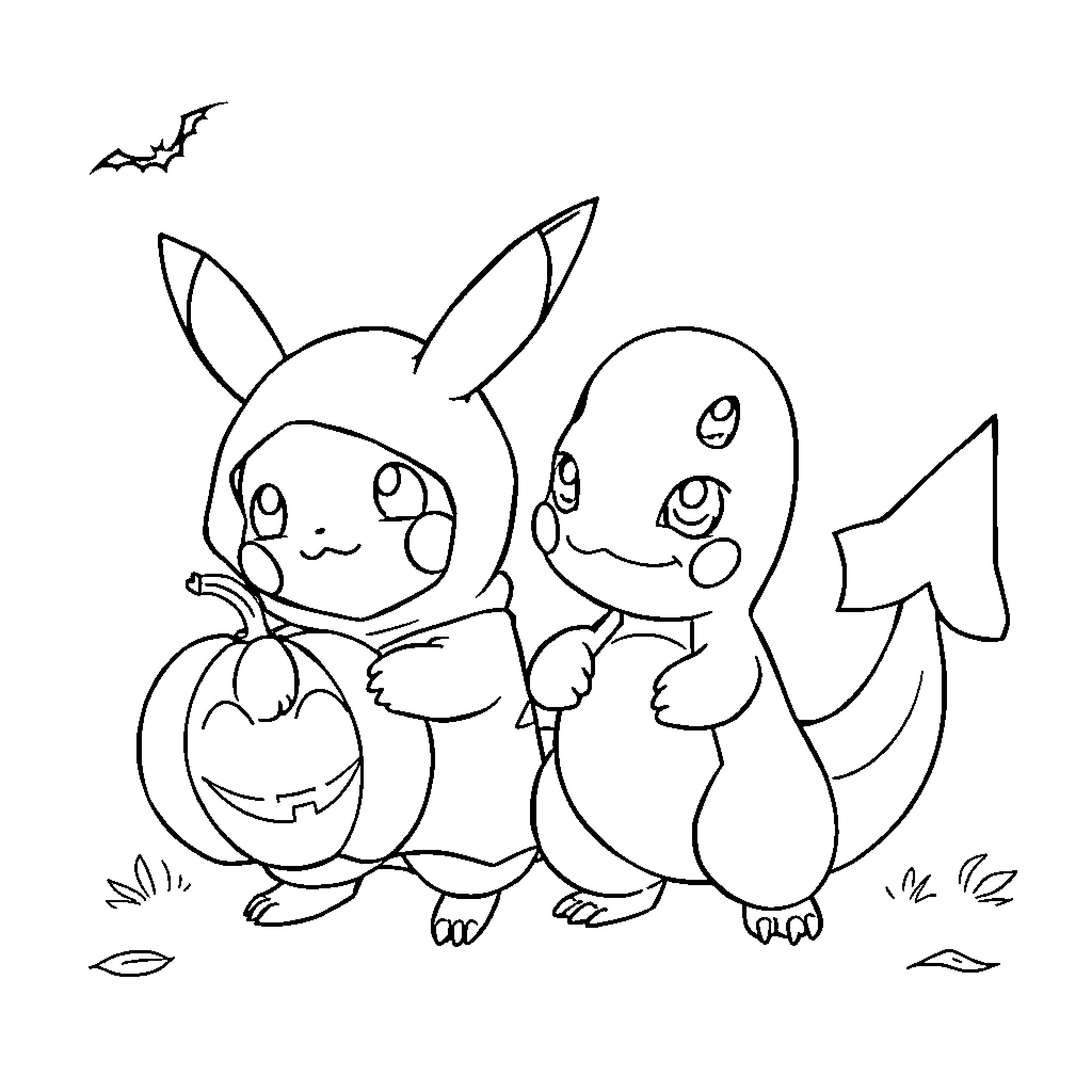 Pokémon characters celebrating Halloween Coloring Page (free black-and-white line drawing printable PDF for all, from beginners to advanced learners, including children, teens, adults, and seniors)