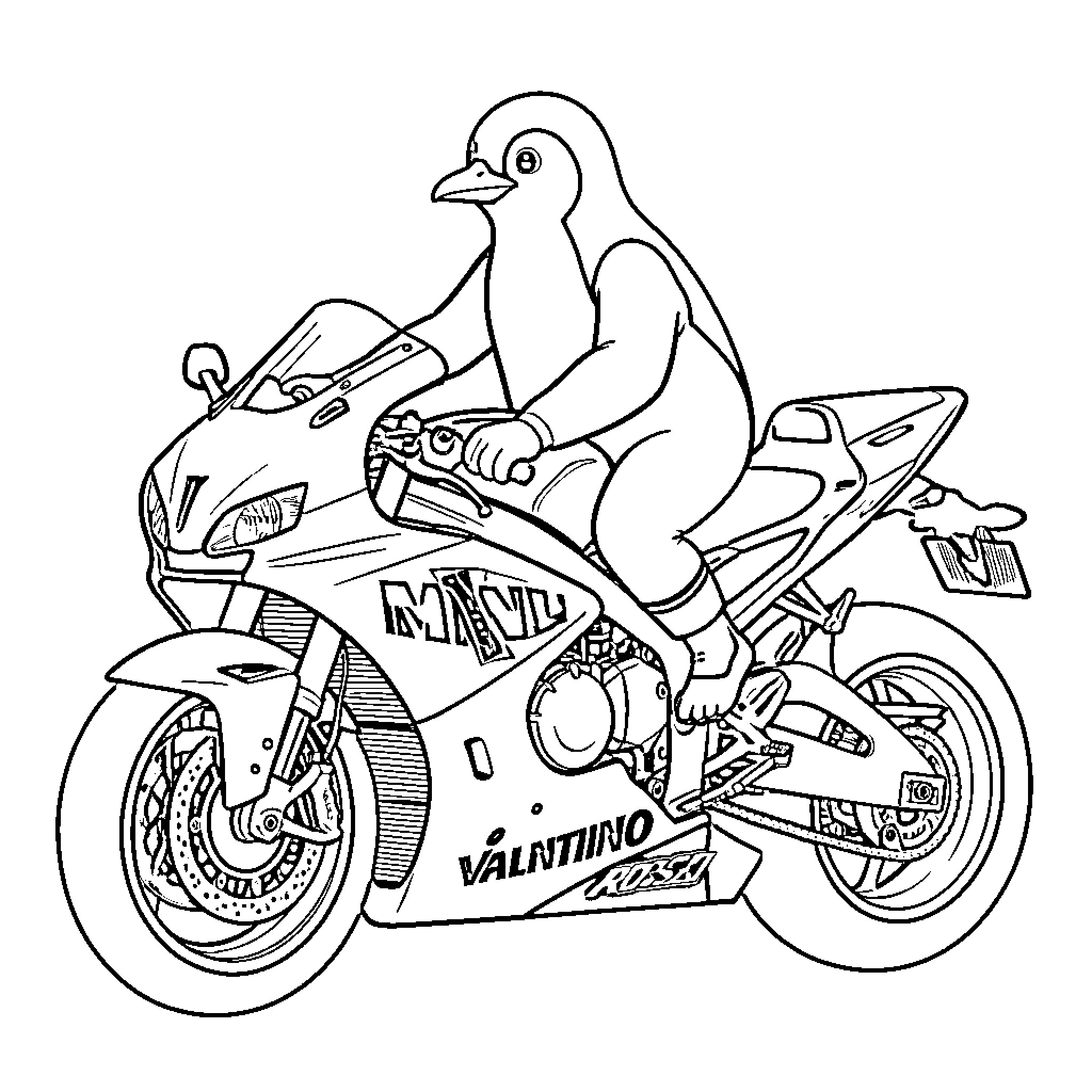 Penguin riding a fast motorcycle with determination Coloring Page (free black-and-white line drawing printable PDF for all, from beginners to advanced learners, including children, teens, adults, and seniors)