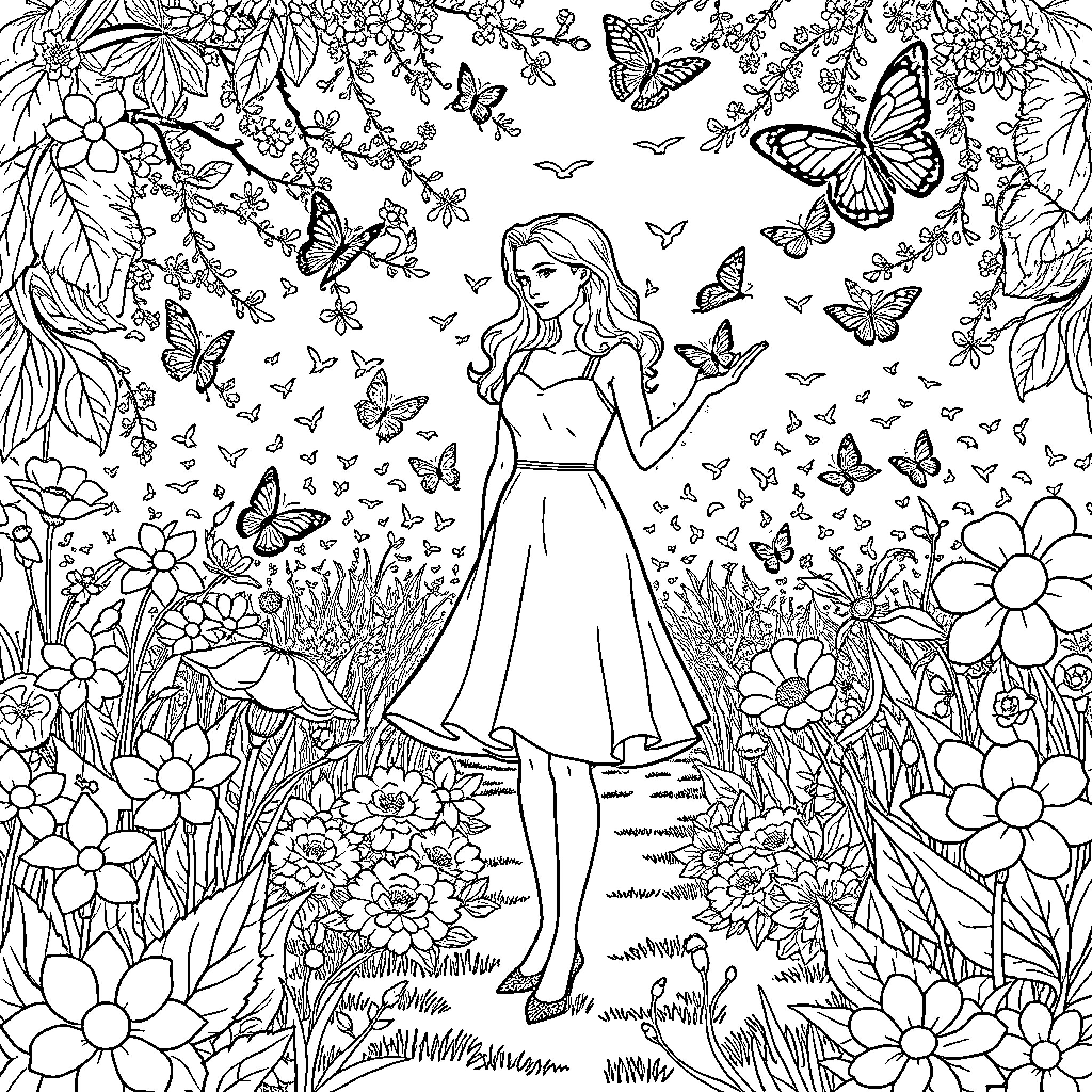Elisabeth Swan in a Whimsical Floral Wonderland Coloring Page (free black-and-white line drawing printable PDF for all, from beginners to advanced learners, including children, teens, adults, and seniors)