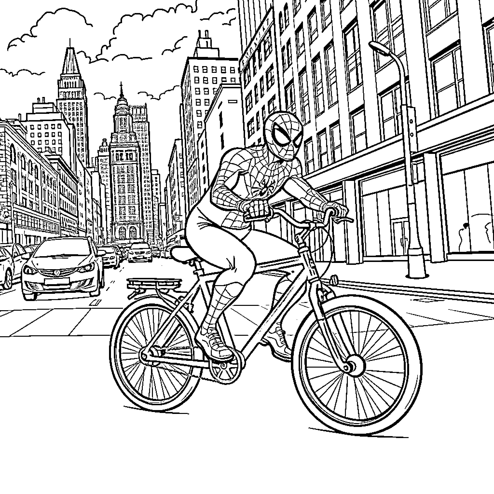 Spiderman riding a bicycle through the city Coloring Page (free black-and-white line drawing printable PDF for all, from beginners to advanced learners, including children, teens, adults, and seniors)