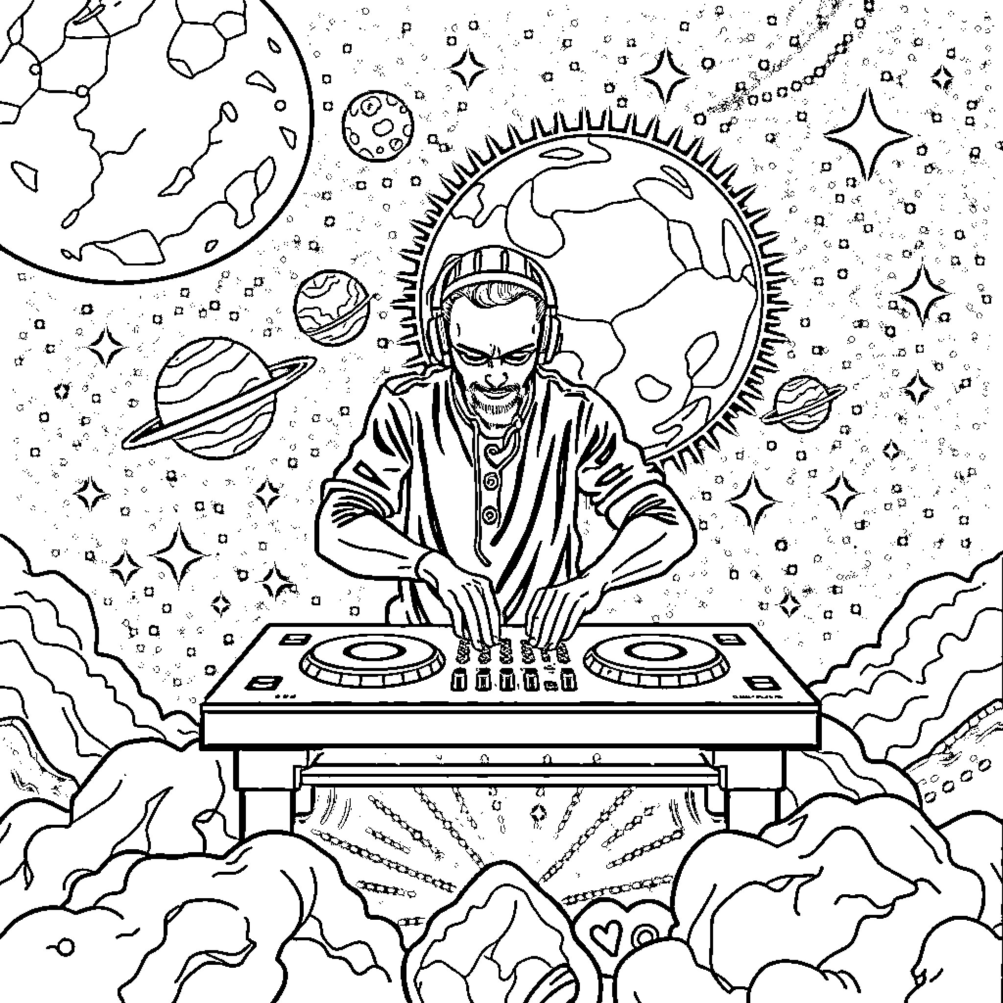 DJ Spinning Cosmic Tunes in the Galactic Nightscape Coloring Page (free black-and-white line drawing printable PDF for all, from beginners to advanced learners, including children, teens, adults, and seniors)