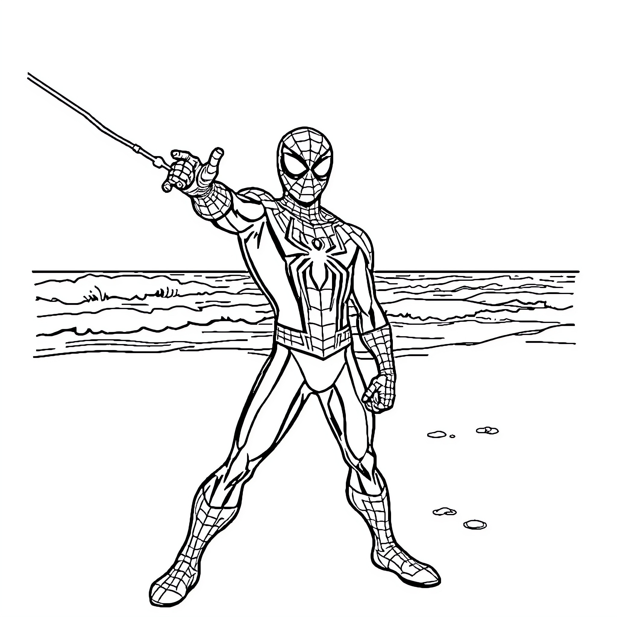Spiderman standing heroically on the shore Coloring Page (free black-and-white line drawing printable PDF for all, from beginners to advanced learners, including children, teens, adults, and seniors)