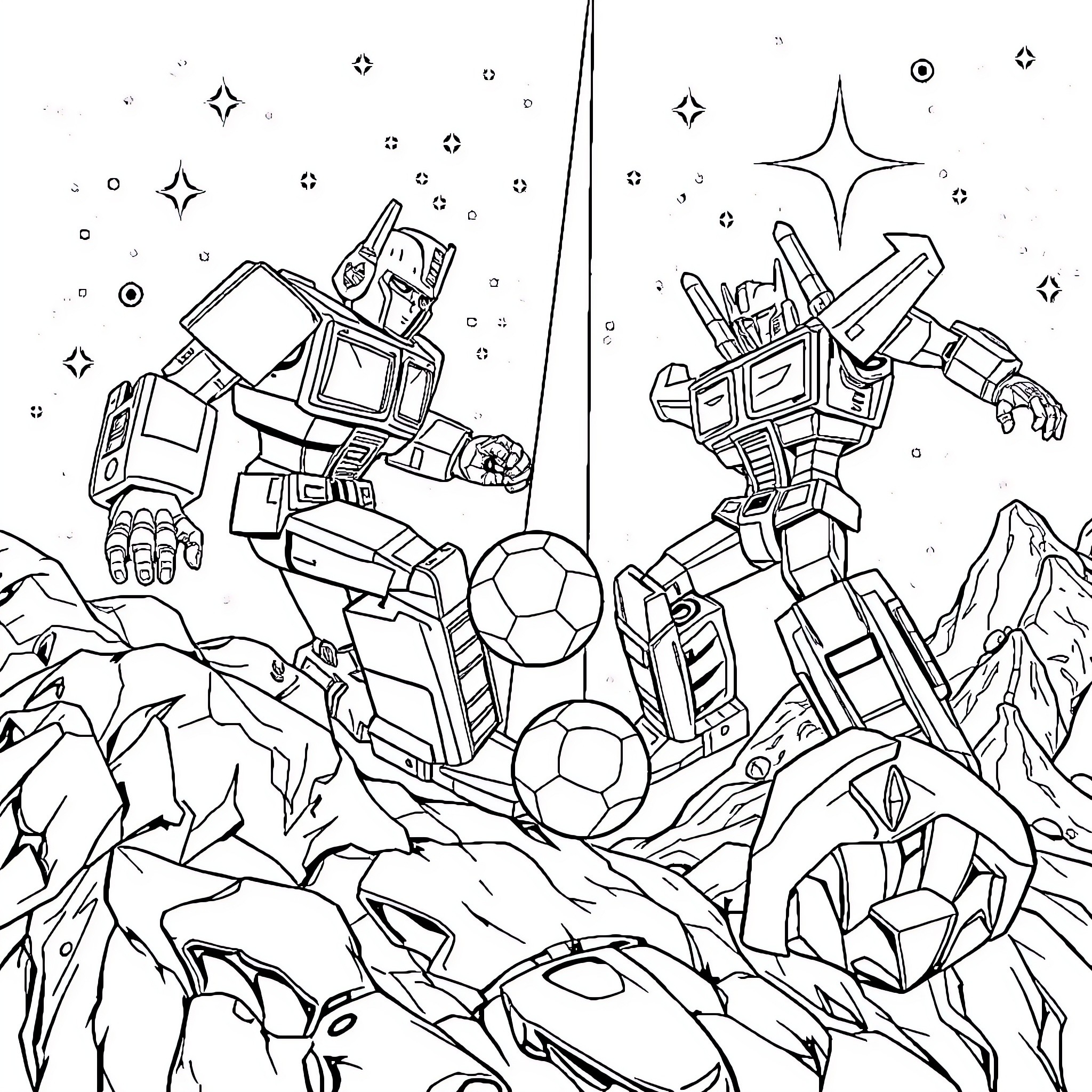 Optimus Transforming Robotic Figures in Cosmic Landscape Coloring Page (free black-and-white line drawing printable PDF for all, from beginners to advanced learners, including children, teens, adults, and seniors)